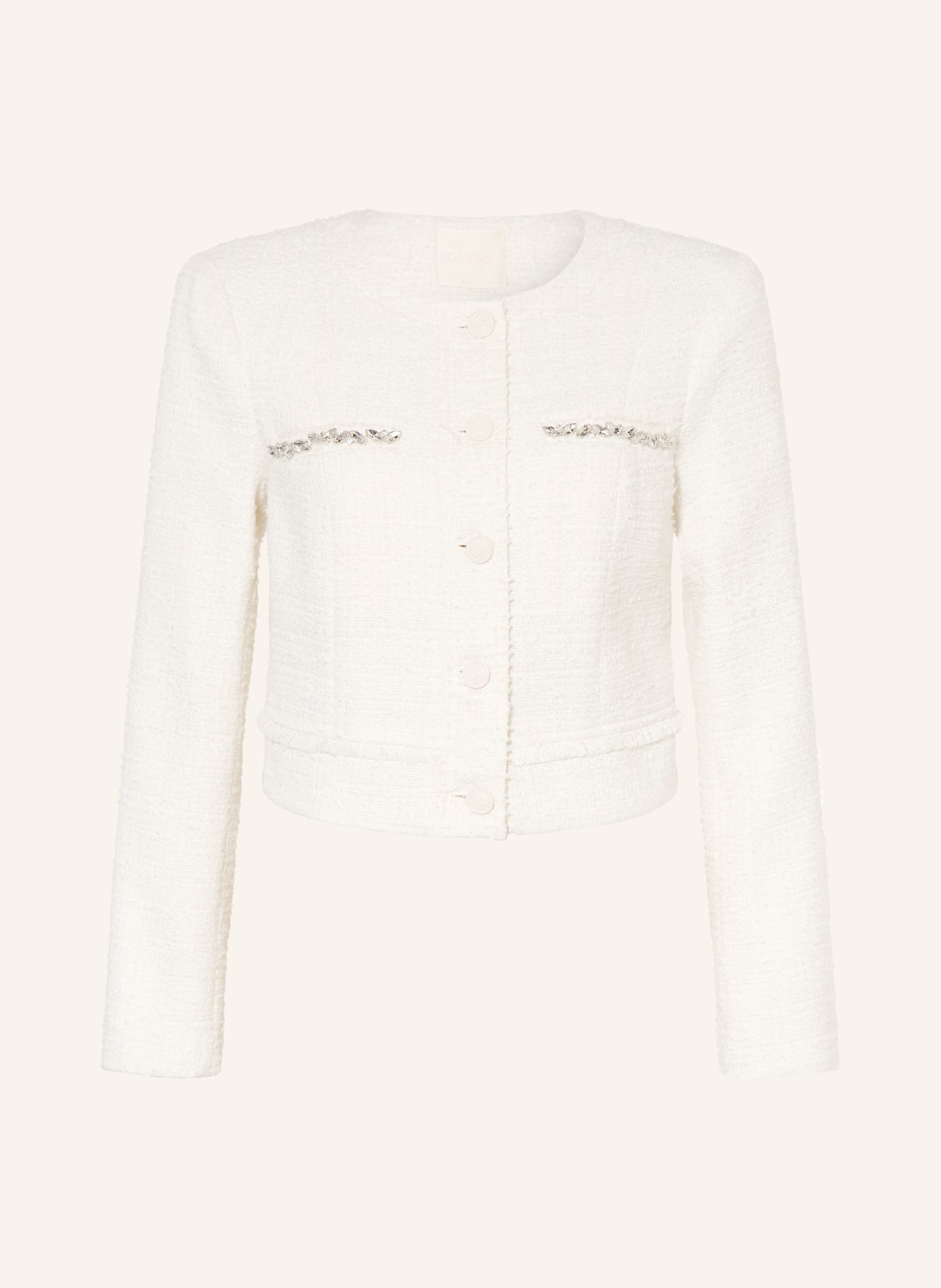 GUESS Tvídové sako CLOTHILDE s ozdobnými kameny a třpytivou nití: KRÉMOVÁ / STŘÍBRNÁ