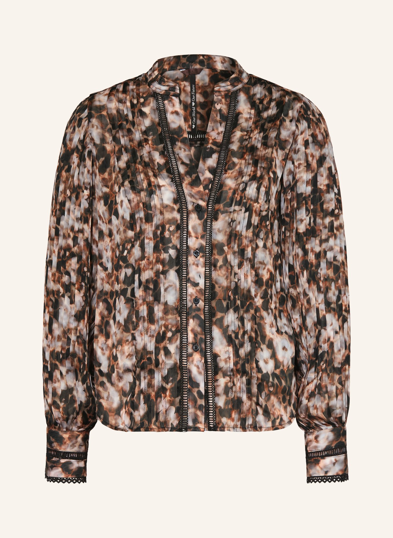 GUESS Bluse JOSETTE mit Plissees und Lochspitze: HELLGRAU / BRAUN / SCHWARZ