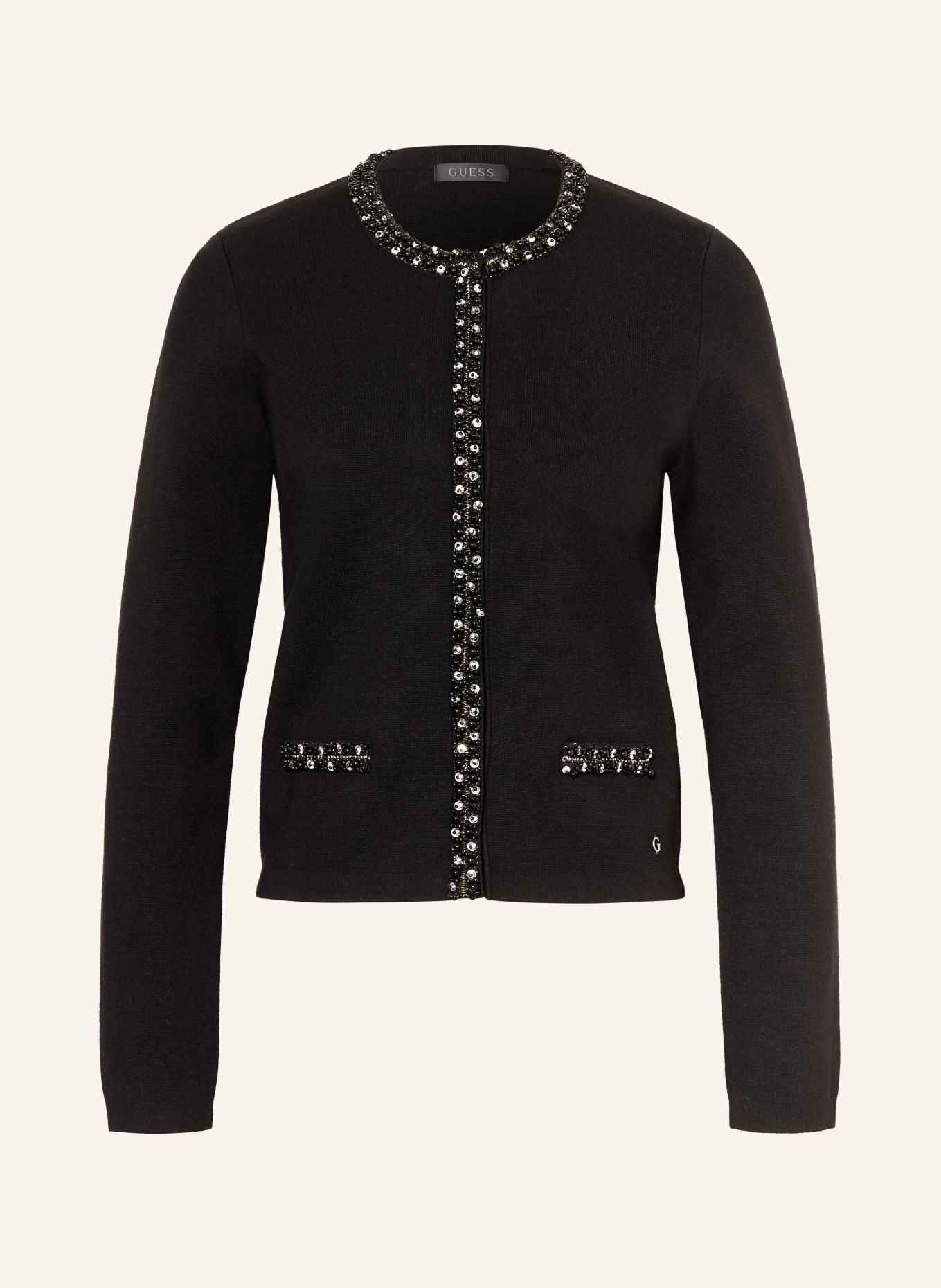 GUESS Strickjacke mit Schmucksteinen und Schmuckperlen: SCHWARZ
