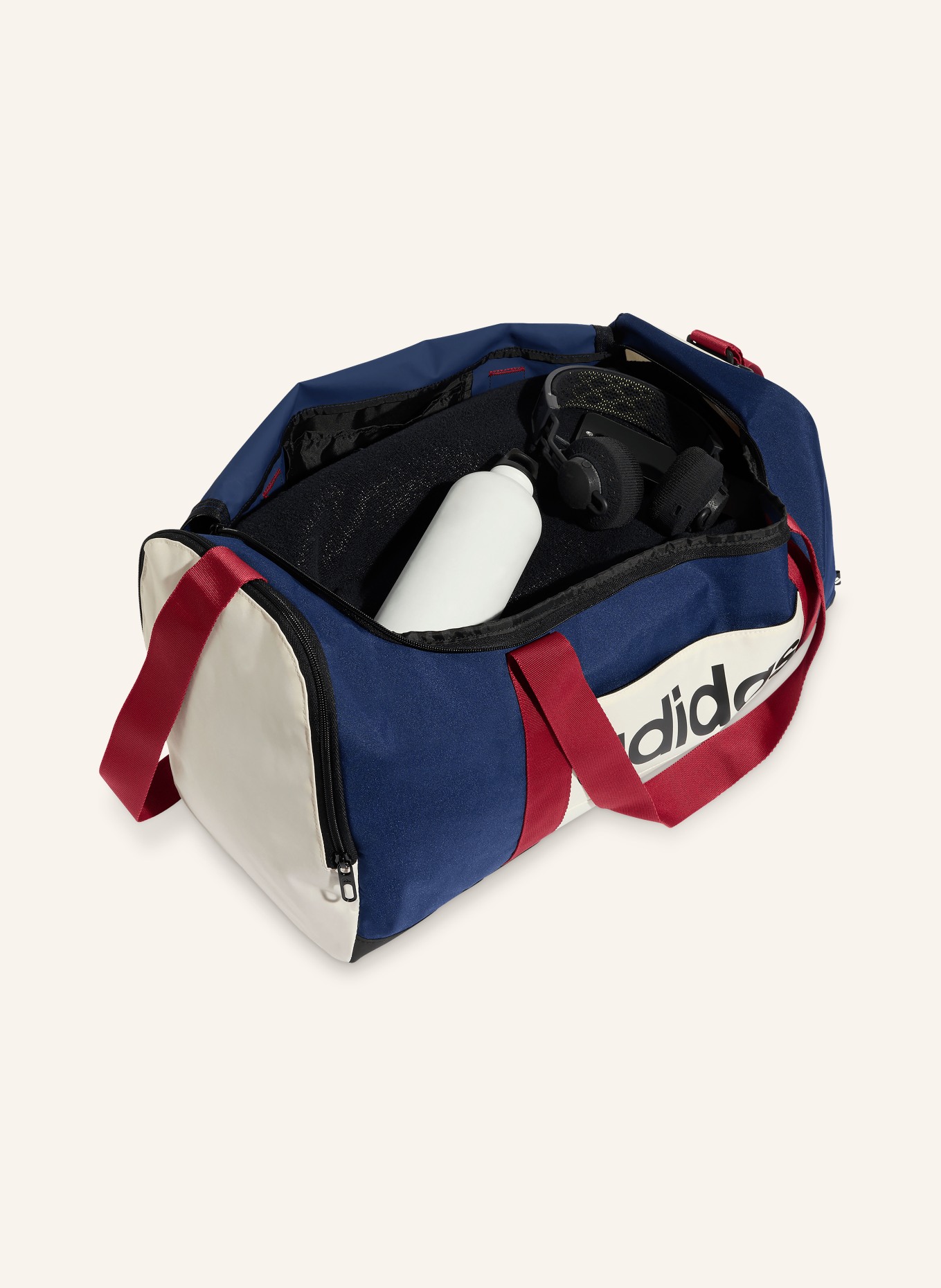 adidas Sportovní taška ESSENTIALS LINEAR MEDIUM: TMAVĚ MODRÁ / KRÉMOVÁ / ČERVENÁ