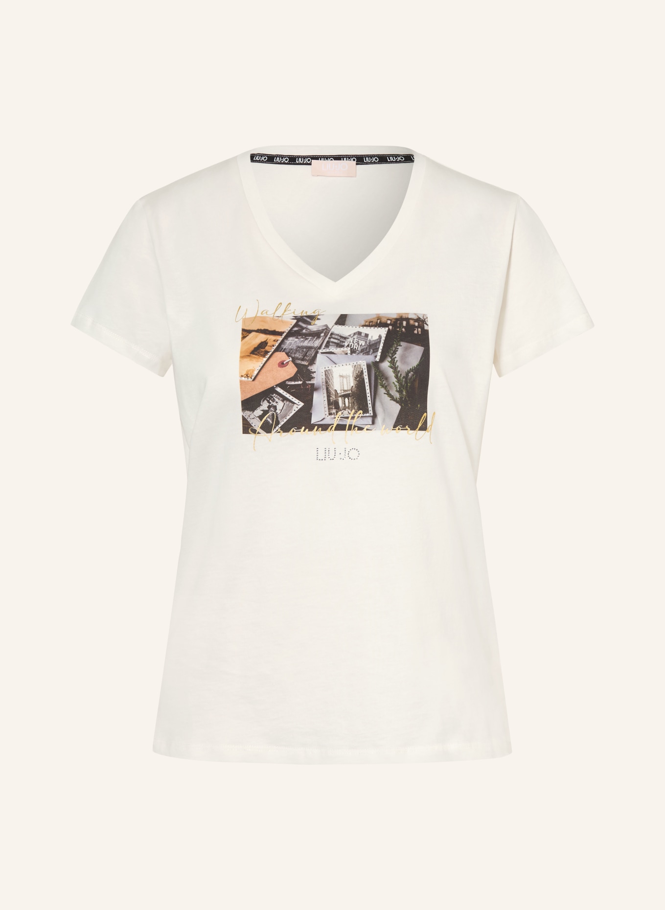 LIU JO T-Shirt mit Schmucksteinen: WEISS / GOLD / SCHWARZ