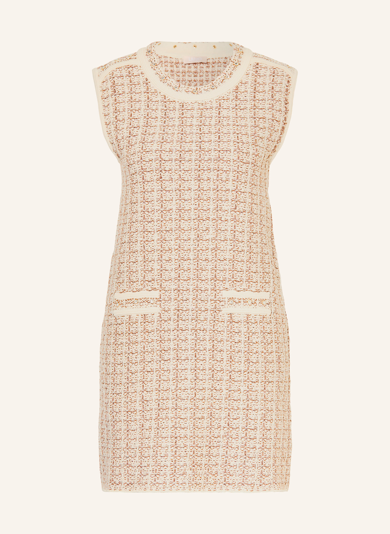 LIU JO Bouclé-Kleid mit Pailletten und Schmucksteinen: ECRU / BRAUN / ROSA