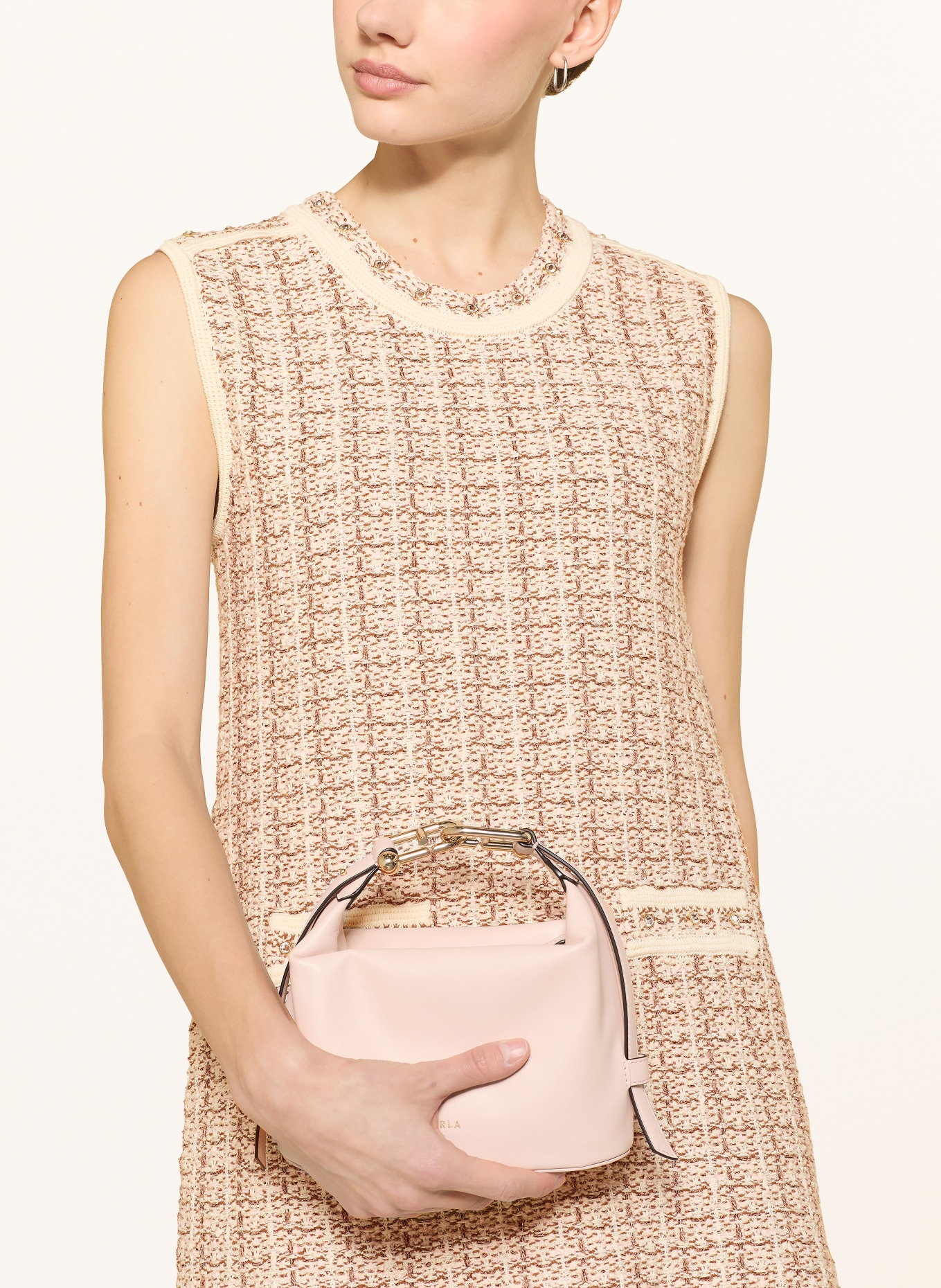 LIU JO Bouclé-Kleid mit Pailletten und Schmucksteinen: ECRU / BRAUN / ROSA