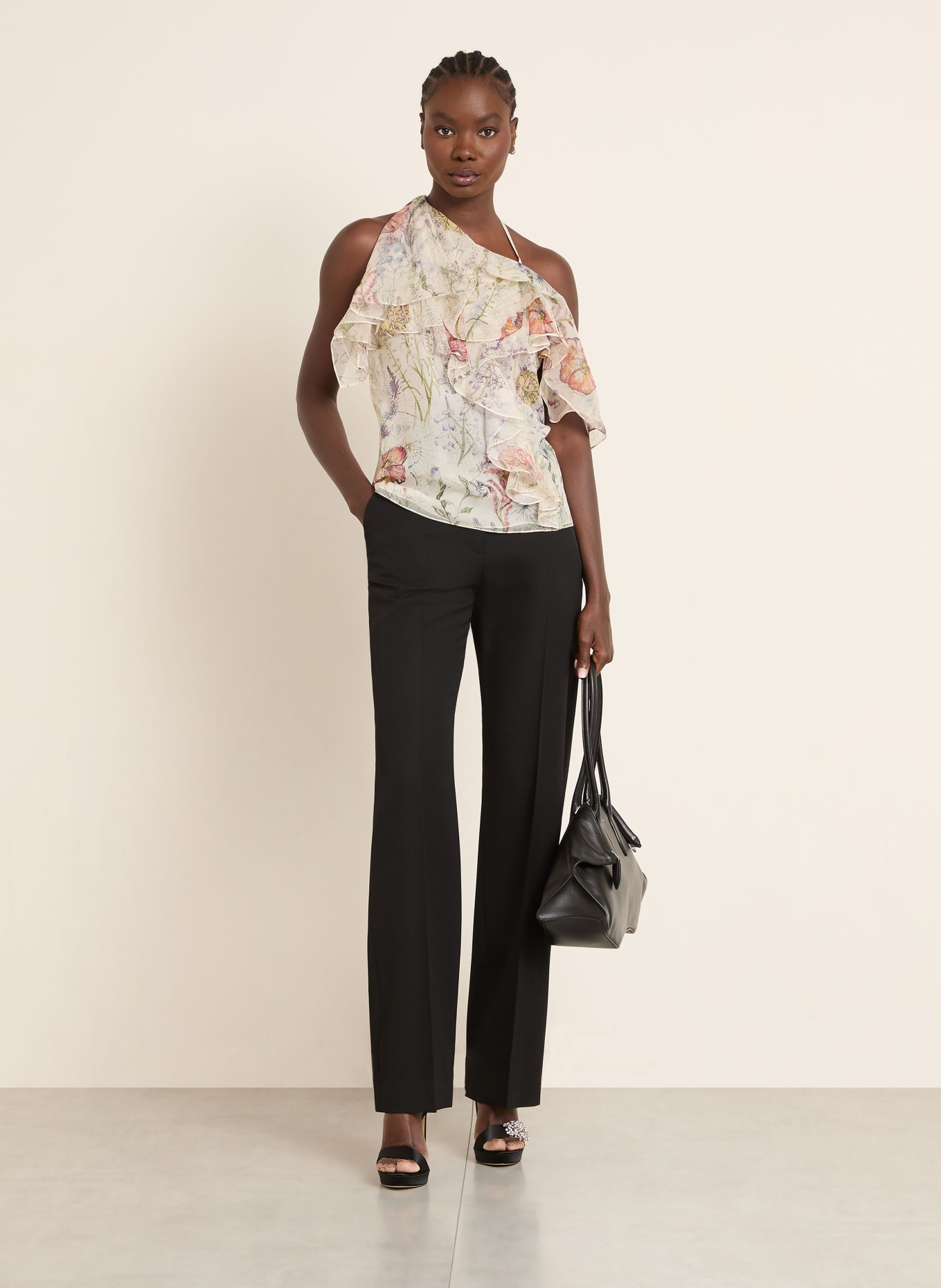 McQUEEN Blusentop aus Seide mit Volants: BEIGE / ROT / BLAU