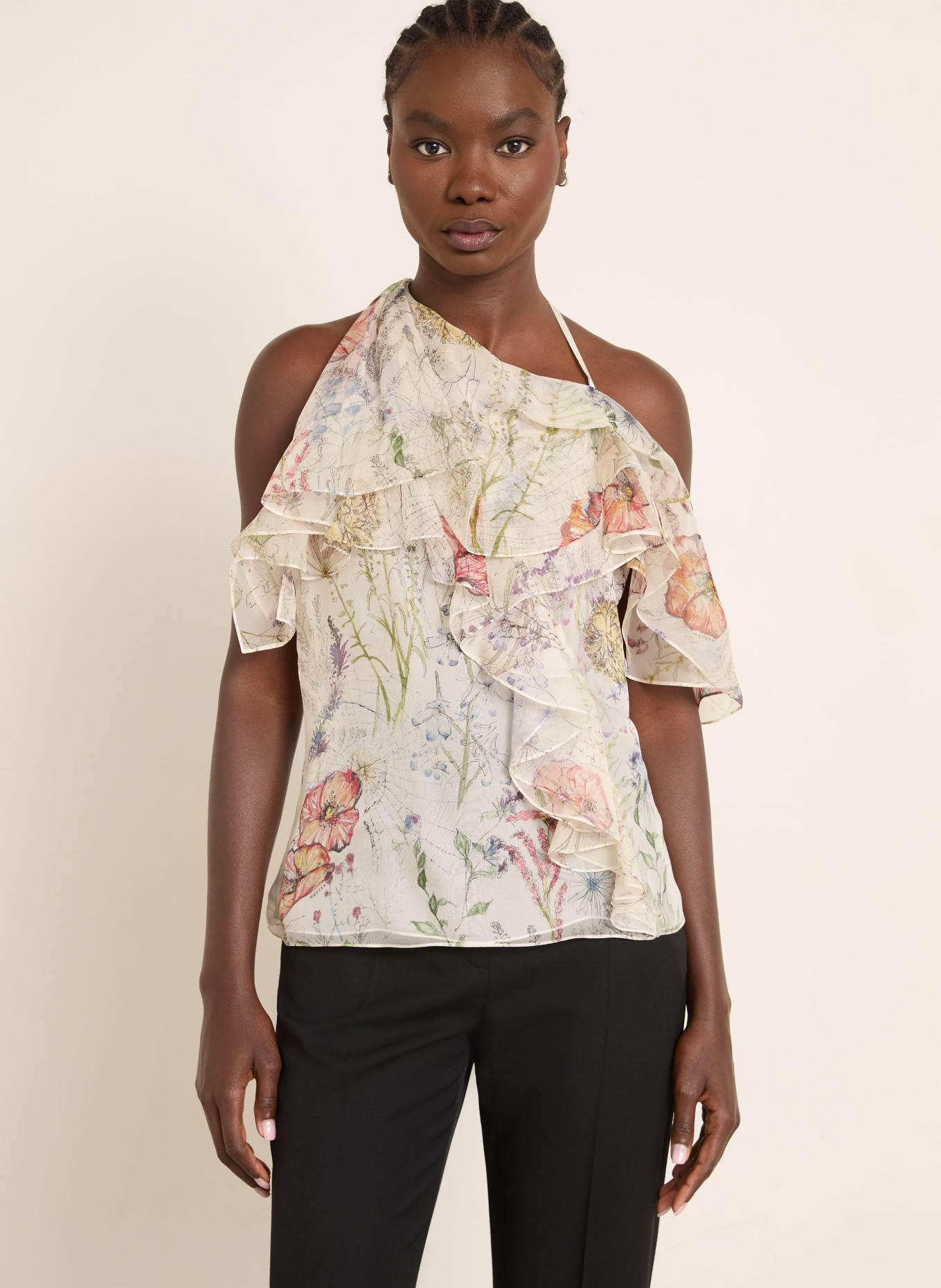 McQUEEN Blusentop aus Seide mit Volants: BEIGE / ROT / BLAU