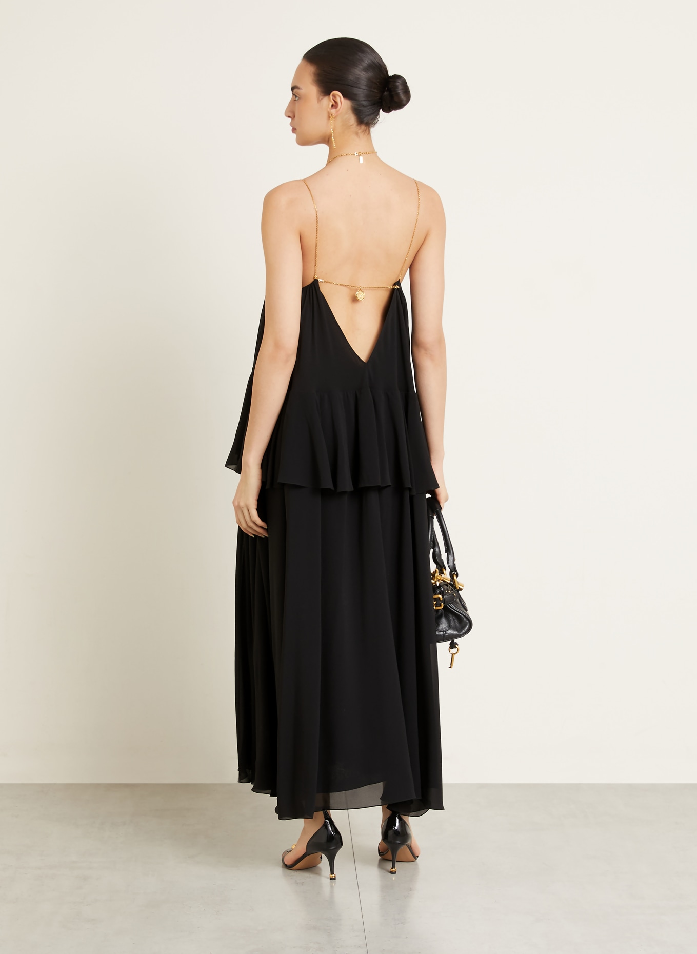 Chloé Seidenkleid mit Volants: SCHWARZ / GOLD