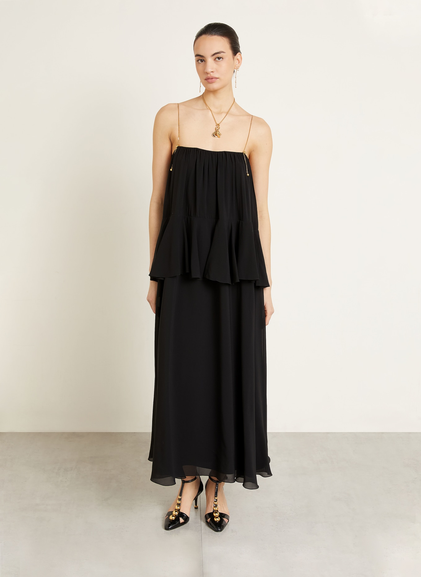 Chloé Seidenkleid mit Volants: SCHWARZ / GOLD