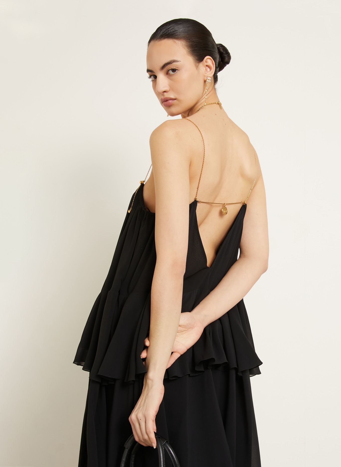 Chloé Seidenkleid mit Volants: SCHWARZ / GOLD