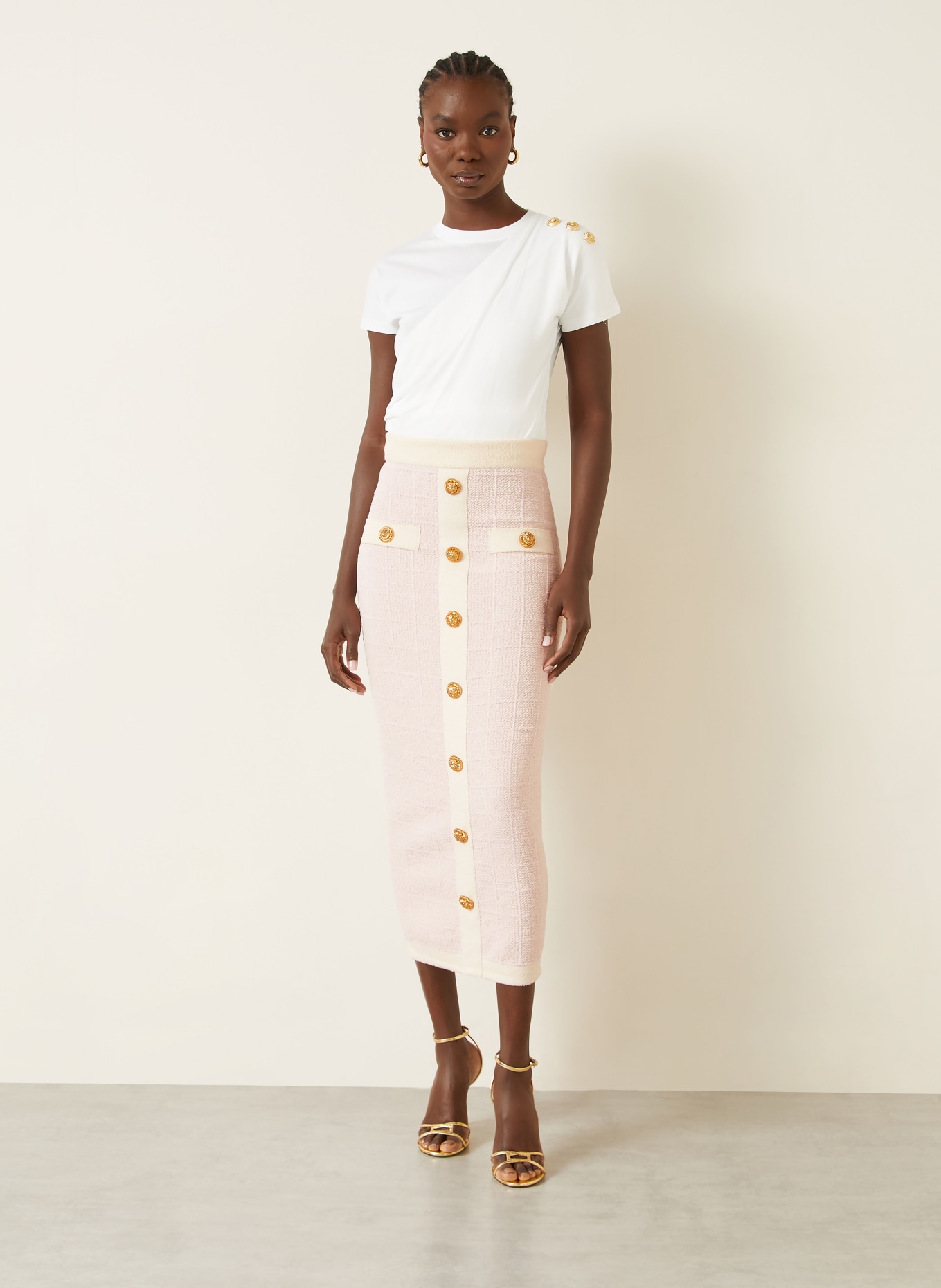 BALMAIN Strickrock mit Glitzergarn: ROSA / CREME