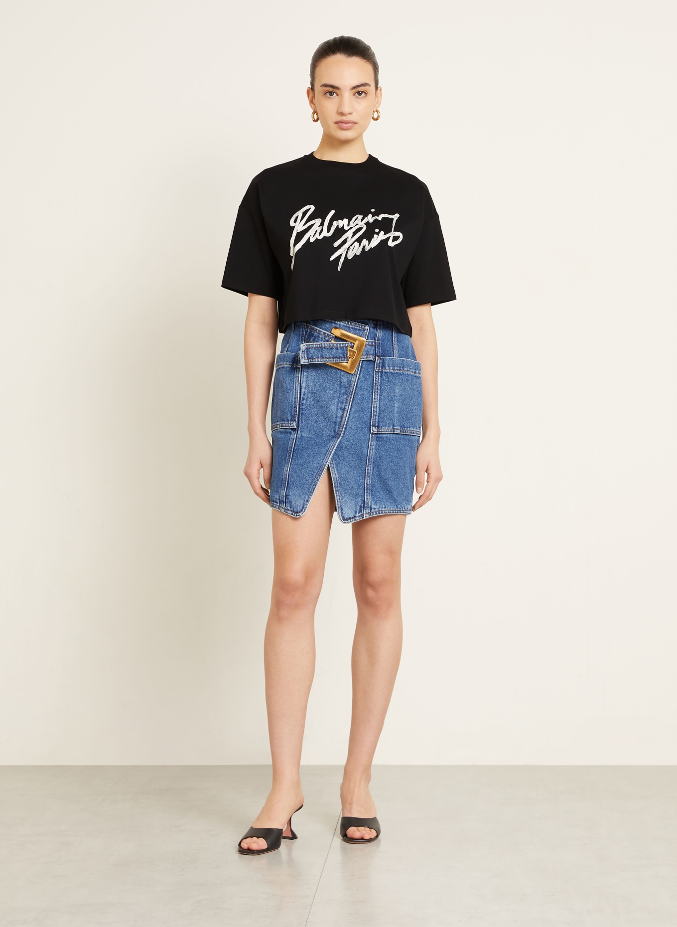BALMAIN Cropped-Shirt: SCHWARZ / DUNKELGRAU / GRAU