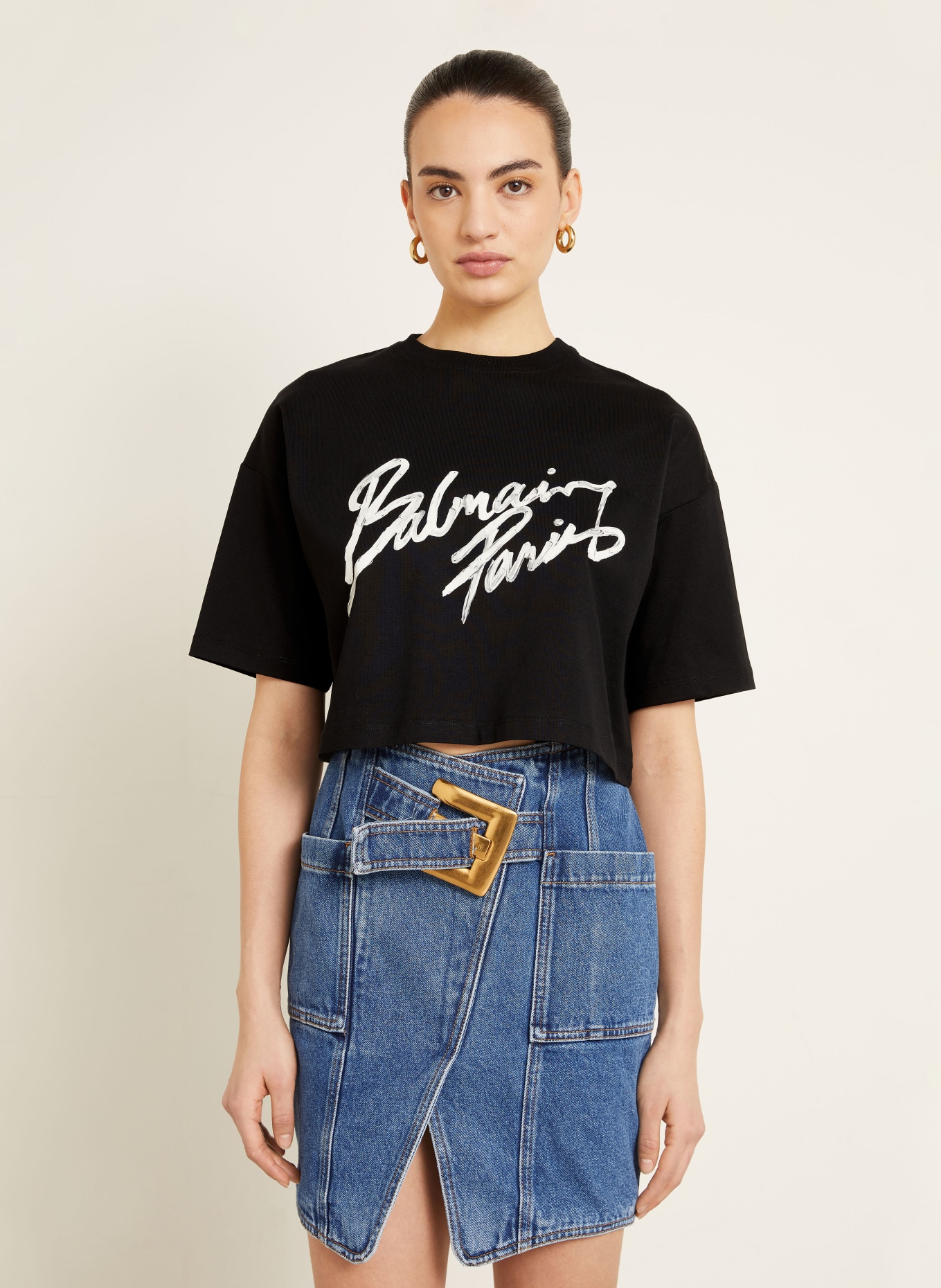 BALMAIN Cropped-Shirt: SCHWARZ / DUNKELGRAU / GRAU
