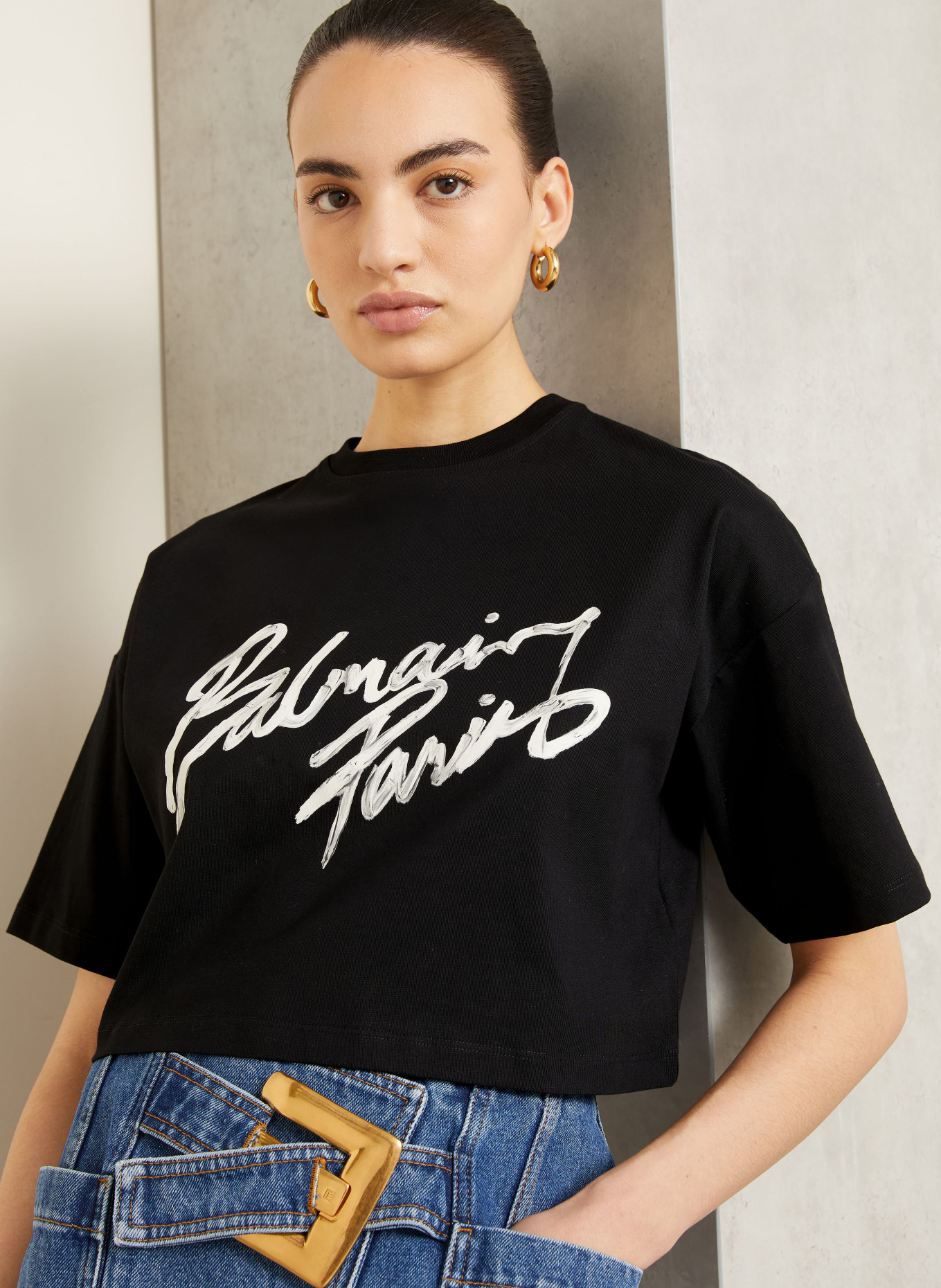 BALMAIN Cropped-Shirt: SCHWARZ / DUNKELGRAU / GRAU