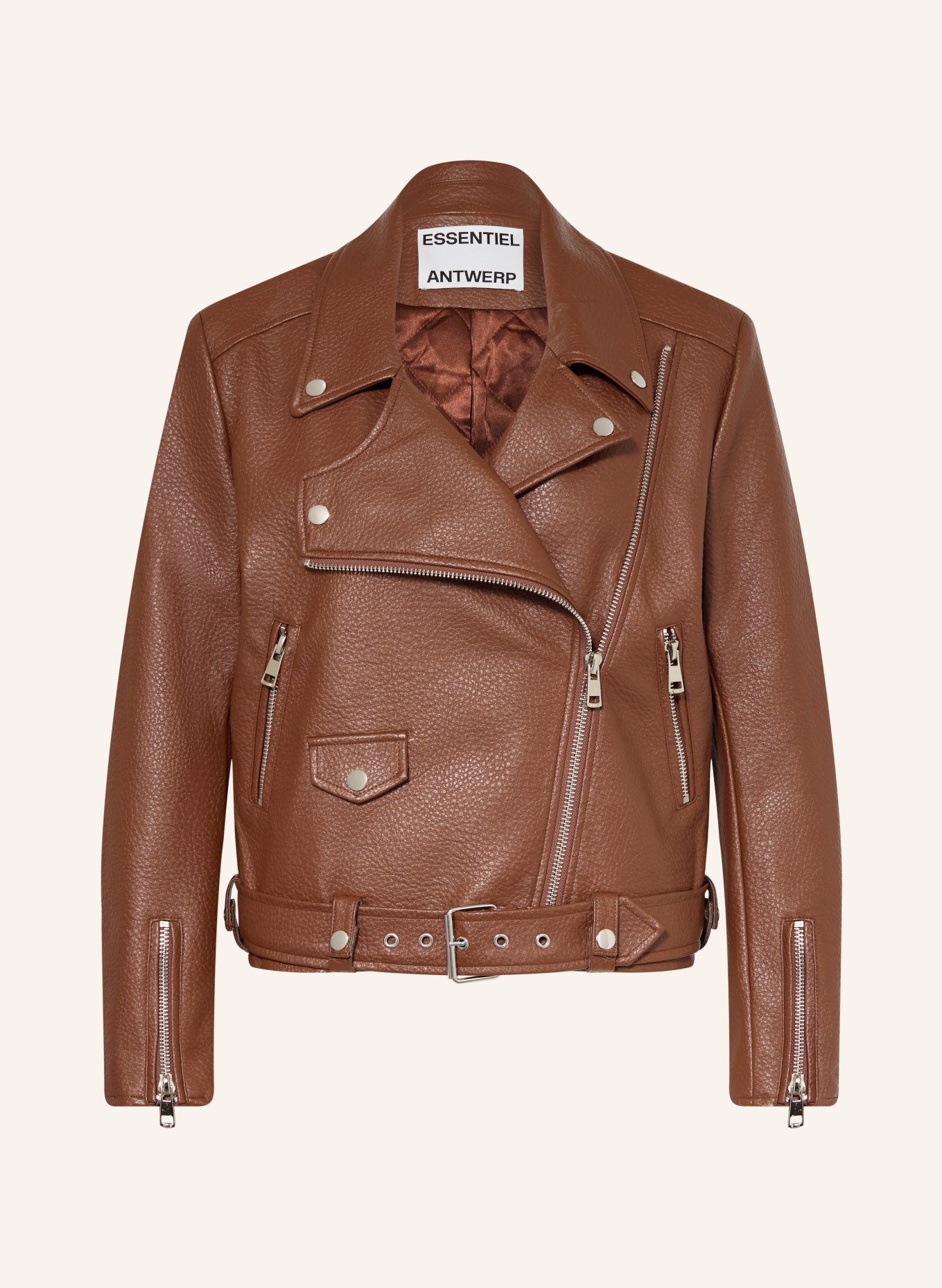 ESSENTIEL ANTWERP JUP biker jacket in leather look: BROWN