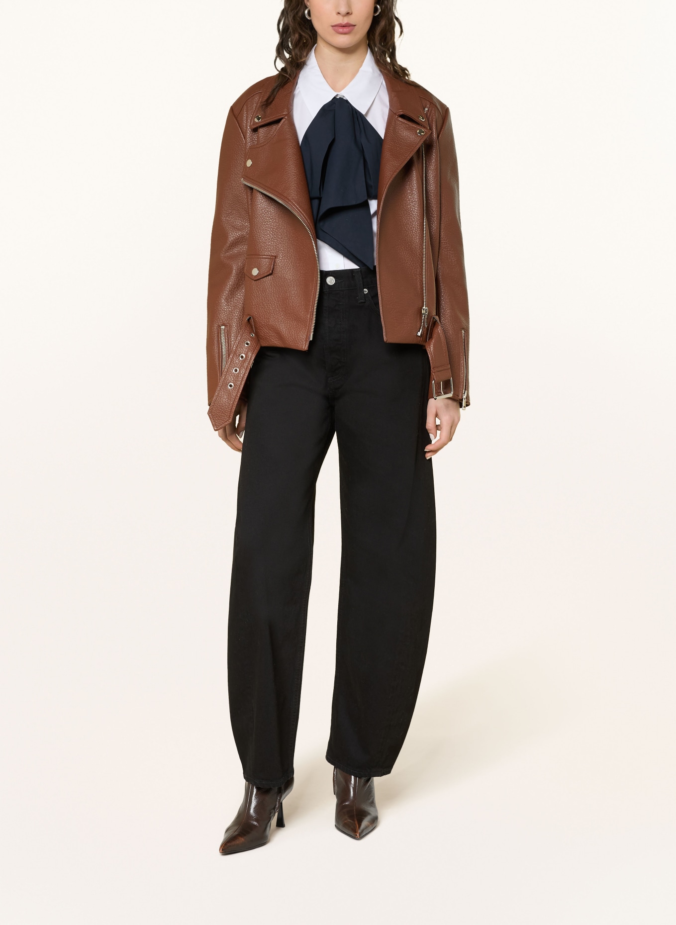 ESSENTIEL ANTWERP JUP biker jacket in leather look: BROWN