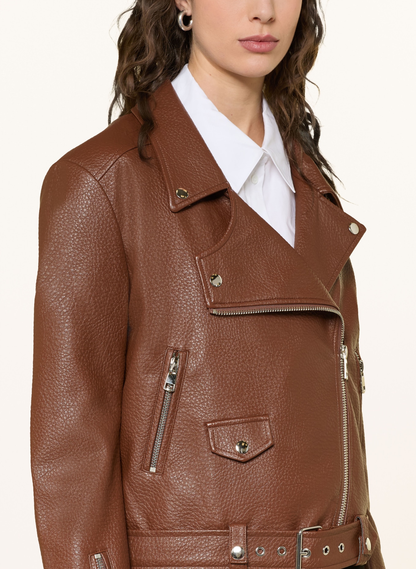 ESSENTIEL ANTWERP JUP biker jacket in leather look: BROWN