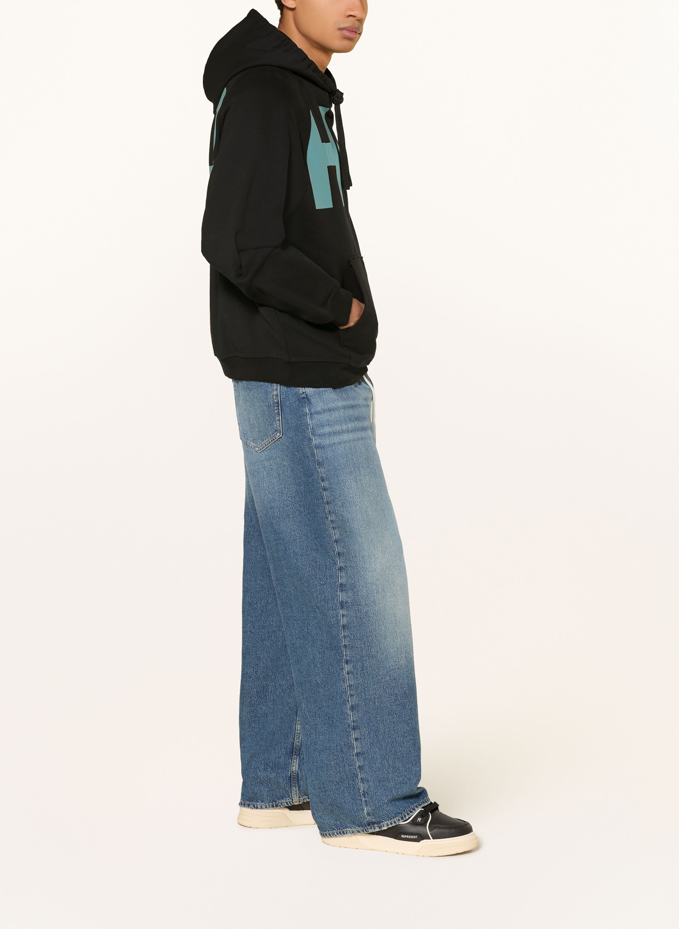 HUGO Hoodie NALFHOOD: SCHWARZ / HELLBLAU