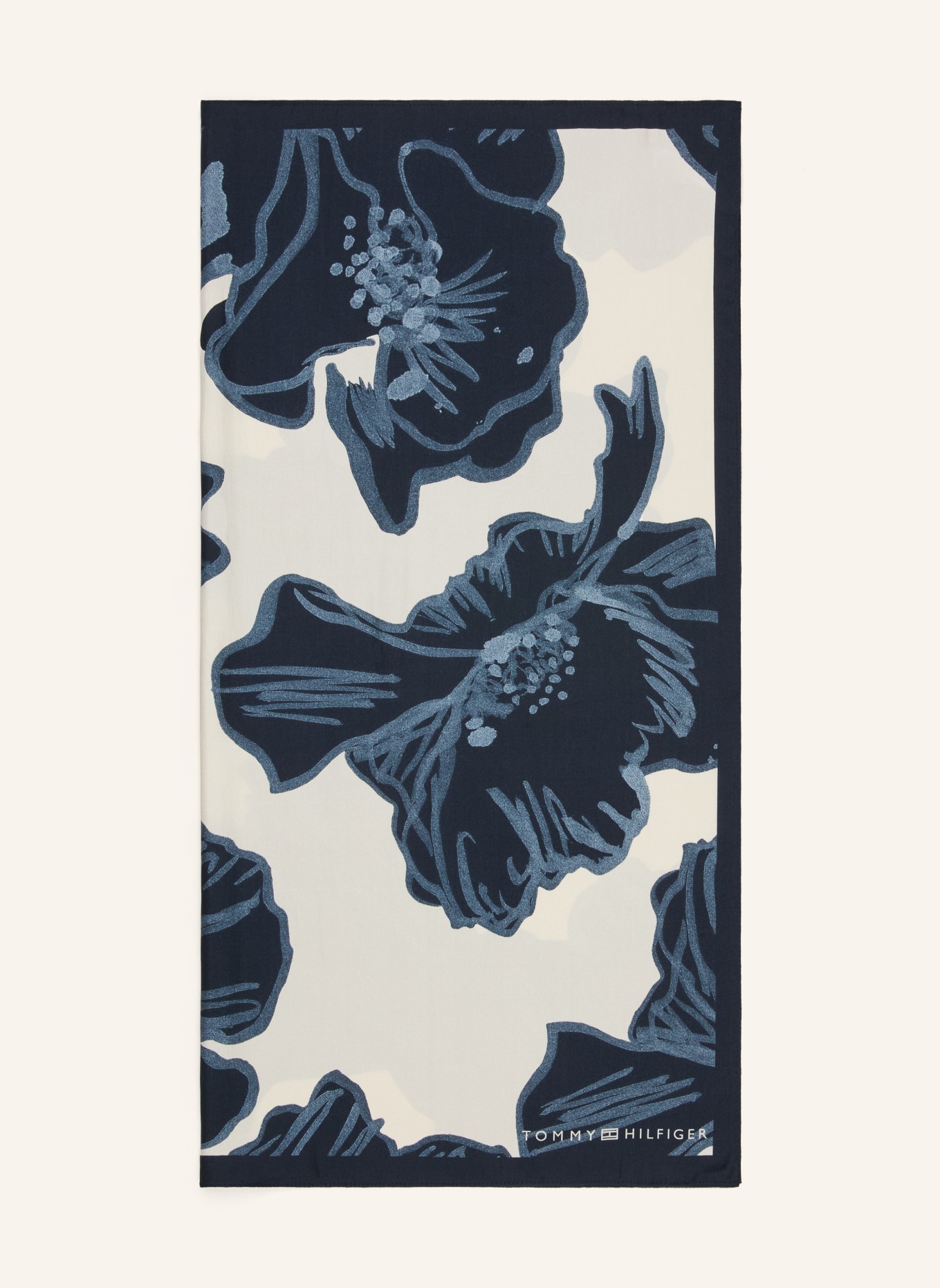 TOMMY HILFIGER hedvábný šátek: TMAVĚ MODRÁ / KRÉMOVÁ / ČERNOŠEDÁ
