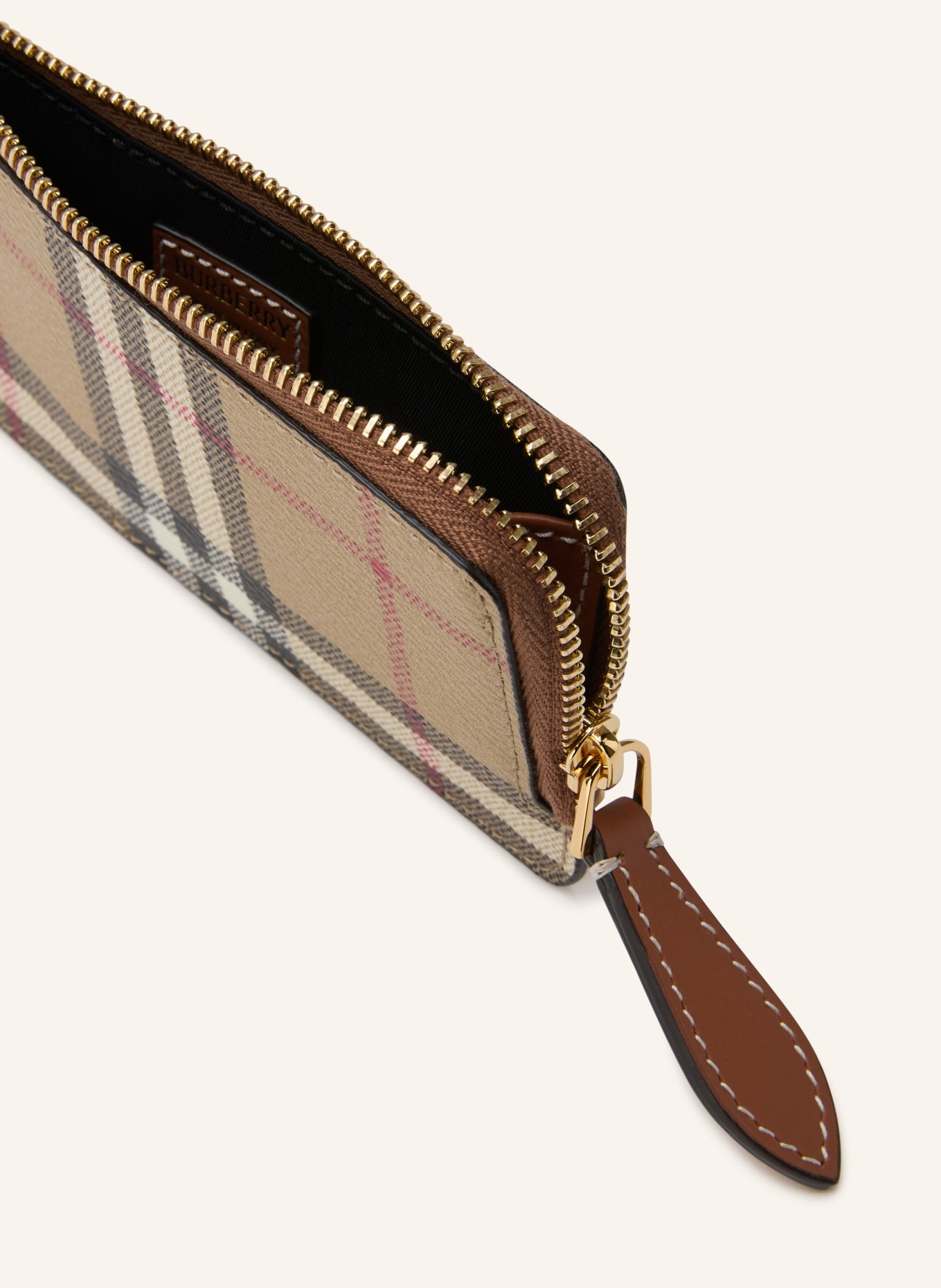 BURBERRY Pouzdro na karty SOMERSET s přihrádkou na mince: SVĚTLE HNĚDÁ / ČERVENÁ / ČERNÁ