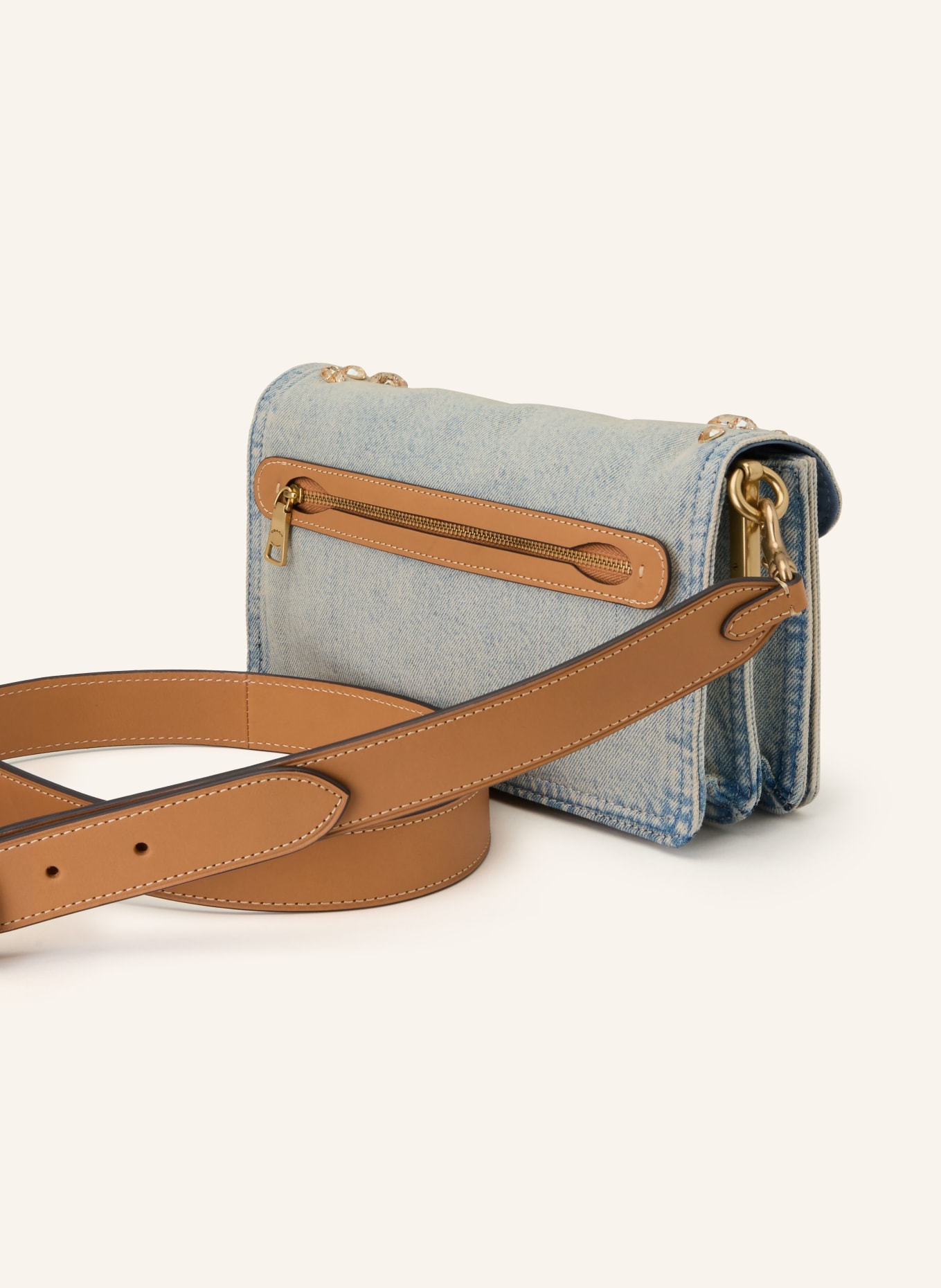 COACH Schultertasche TABBY mit Schmucksteinen: HELLBLAU / GOLD / HELLBRAUN