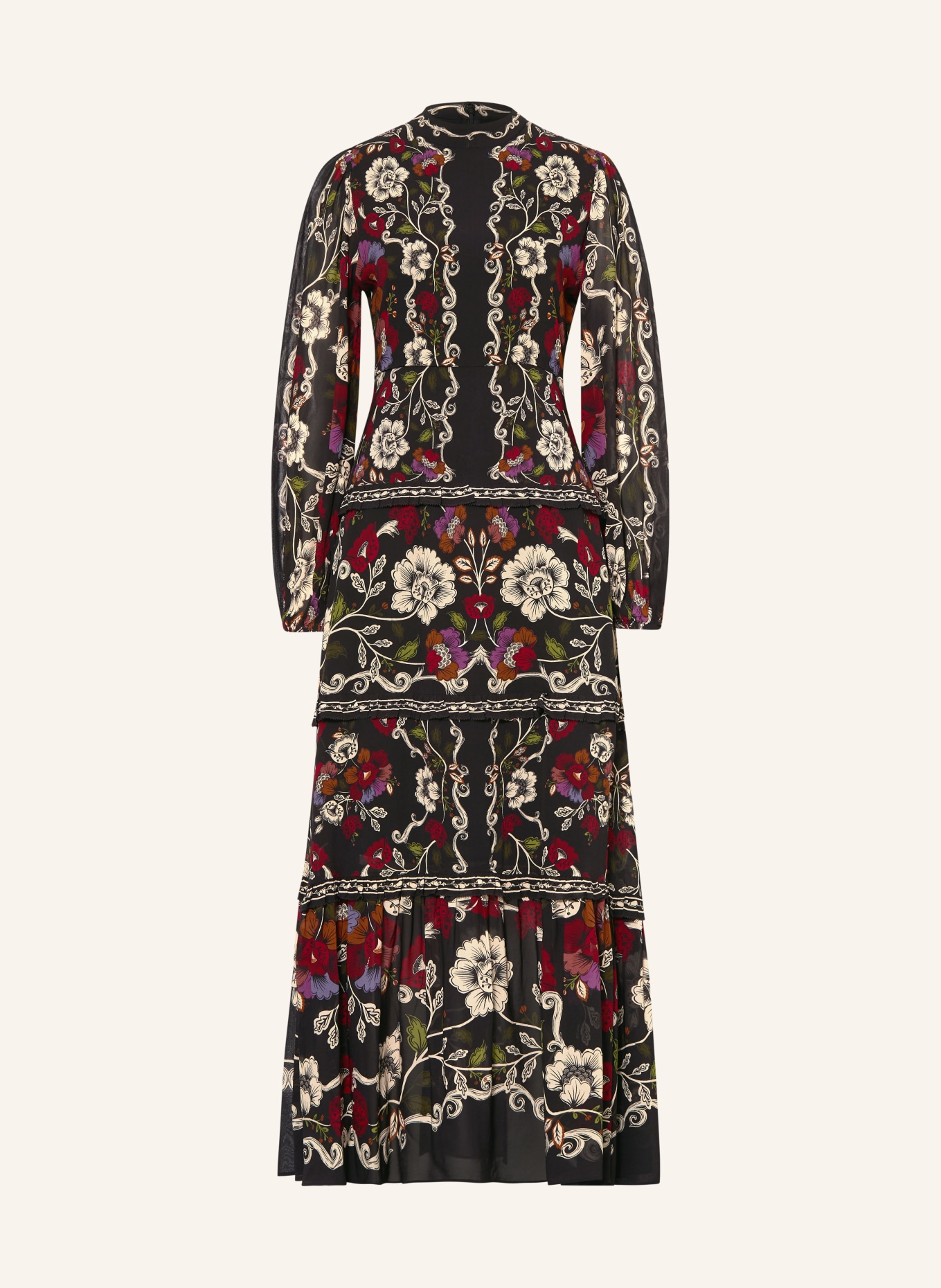 FARM RIO Kleid ROCOCO mit Rüschen: SCHWARZ / CREME / DUNKELROT