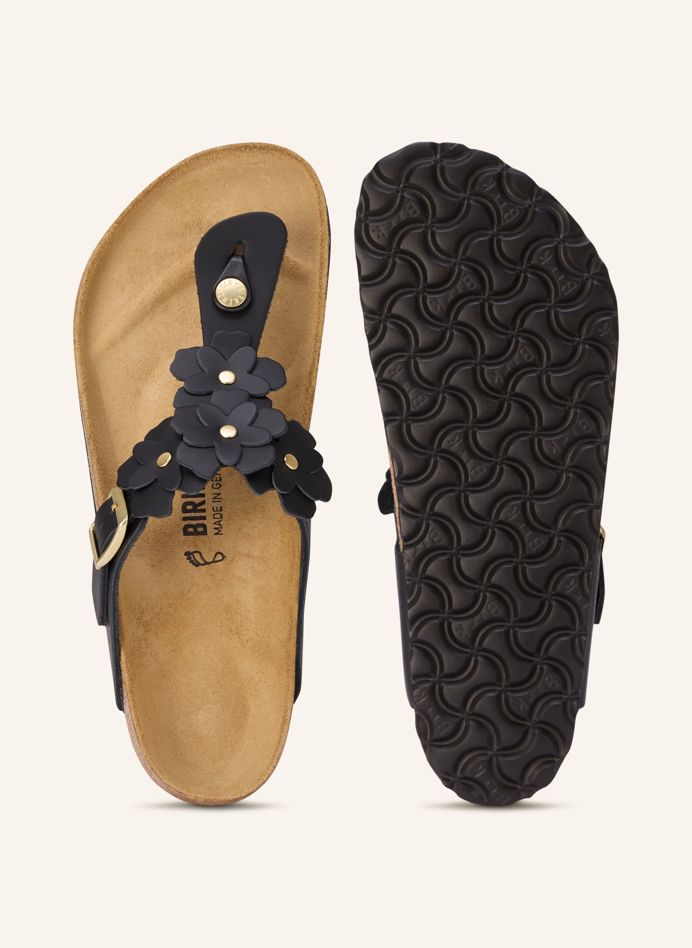 BIRKENSTOCK Zehentrenner GIZEH FLOWER mit Nieten: SCHWARZ