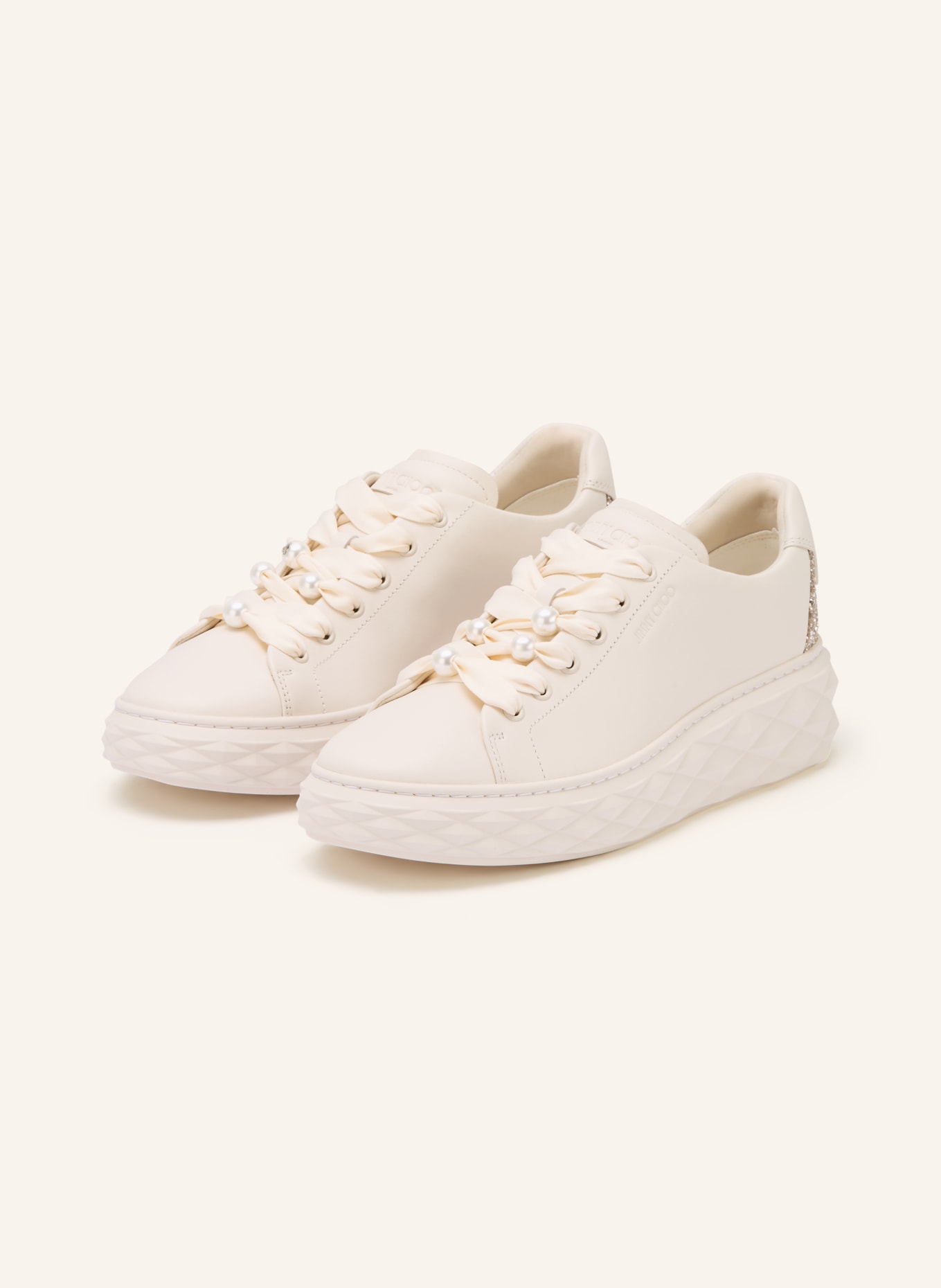 JIMMY CHOO Sneaker mit Schmuckperlen: CREME / SILBER