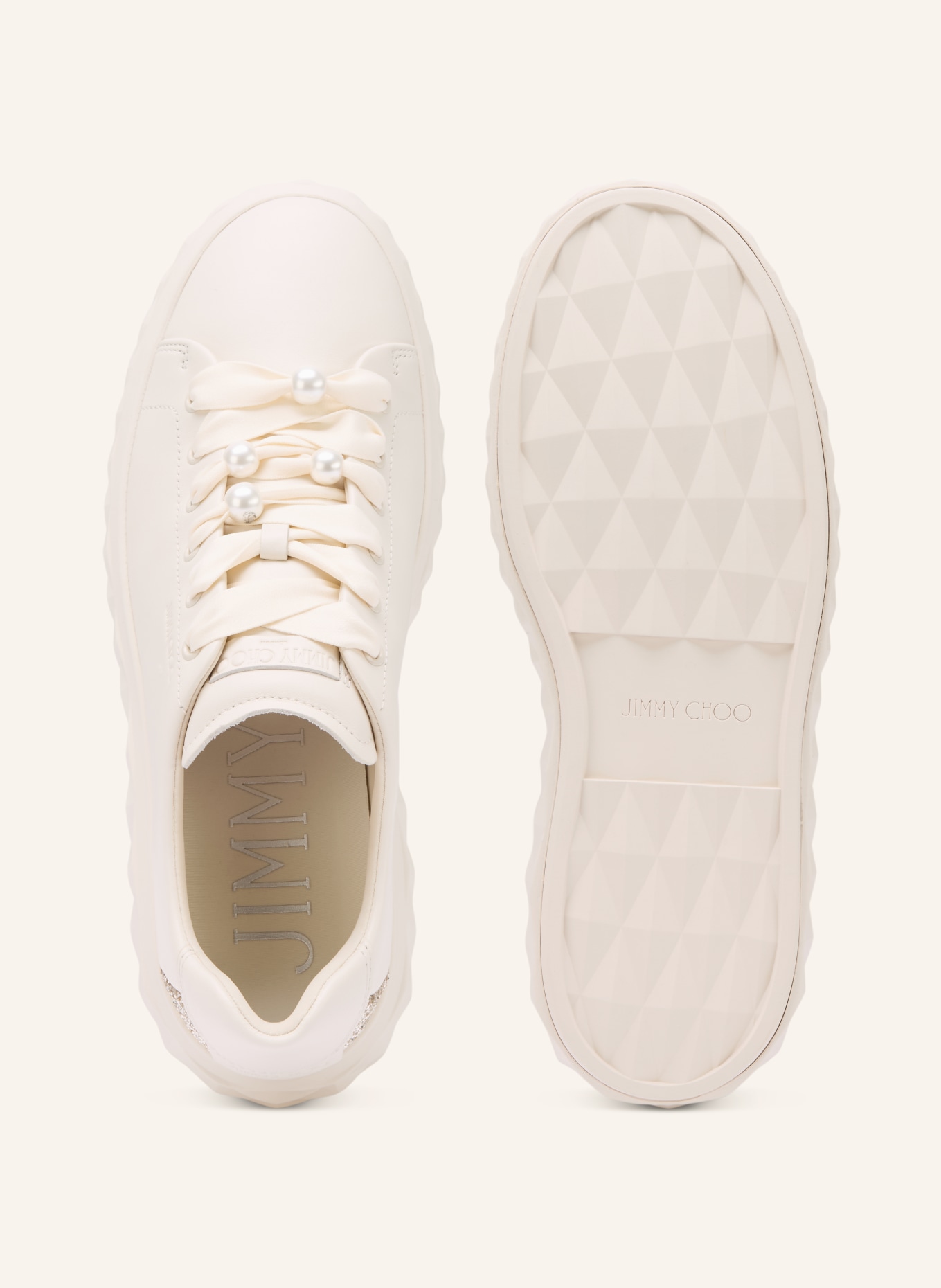JIMMY CHOO Sneaker mit Schmuckperlen: CREME / SILBER