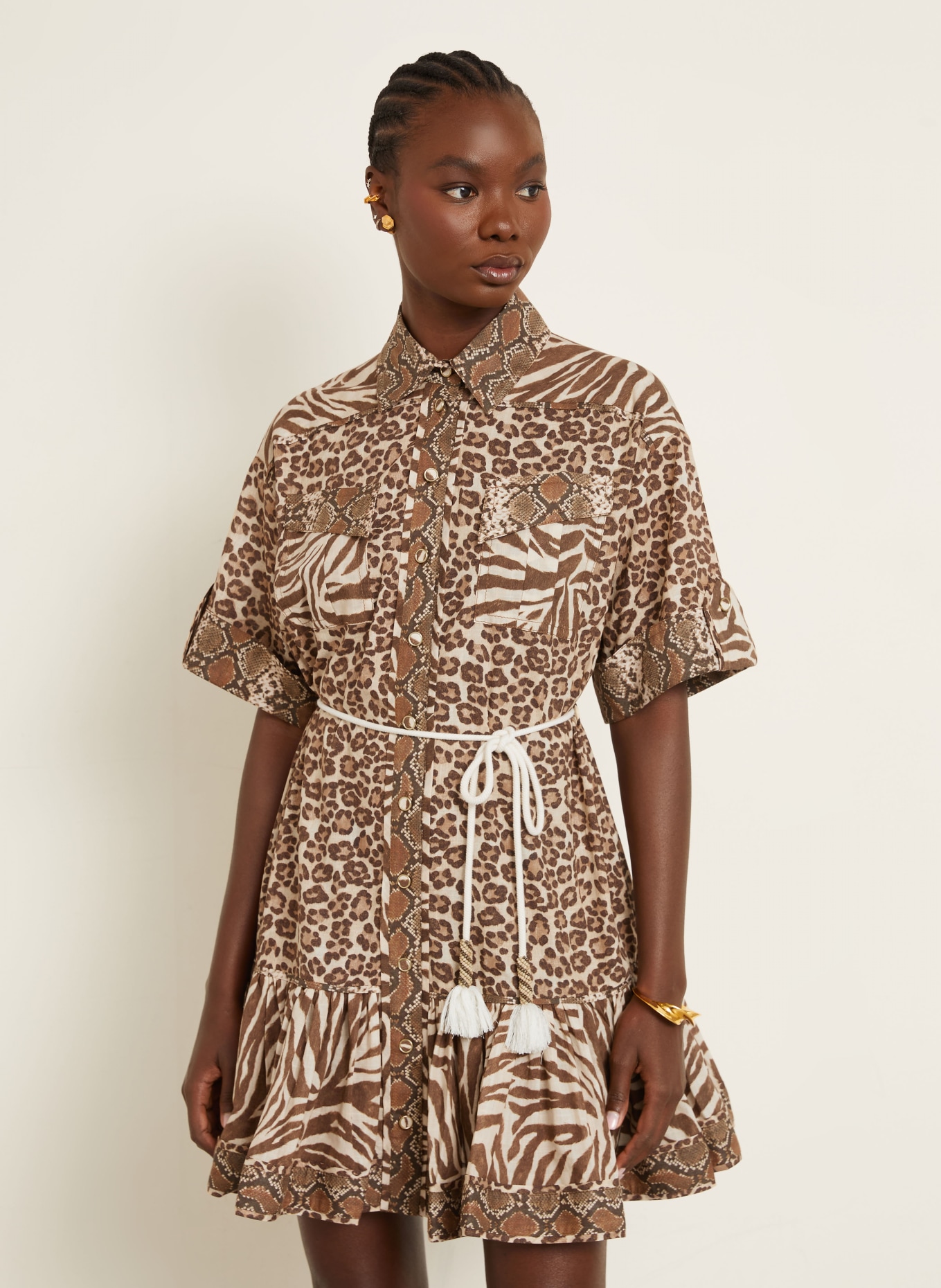 ZIMMERMANN Hemdblusenkleid WANDERLUST: BRAUN / HELLBRAUN