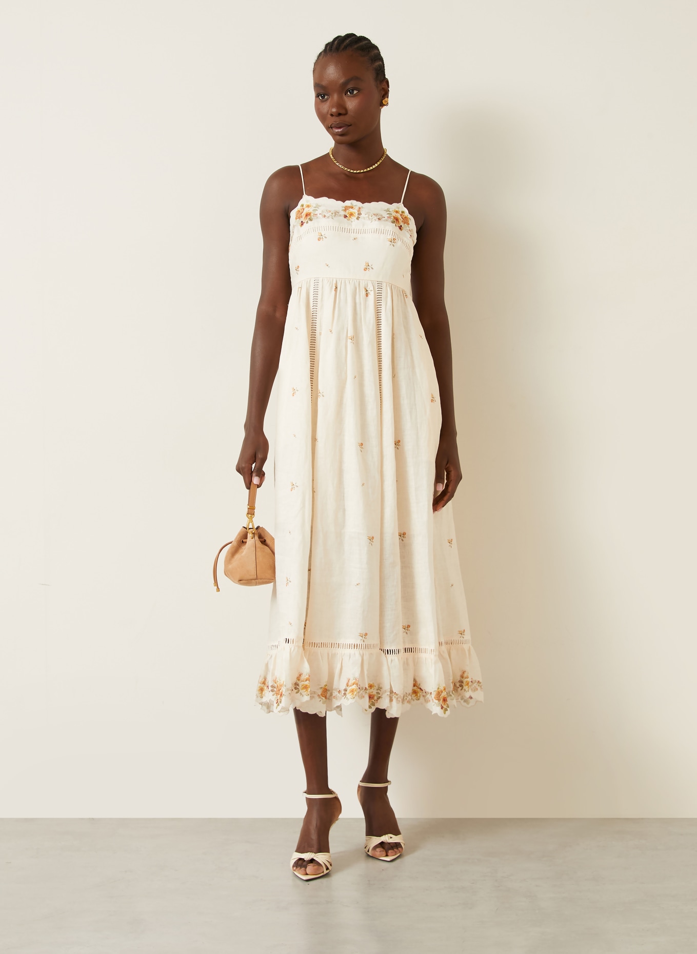 ZIMMERMANN Leinenkleid PATIENCE: CREME / DUNKELORANGE / KHAKI