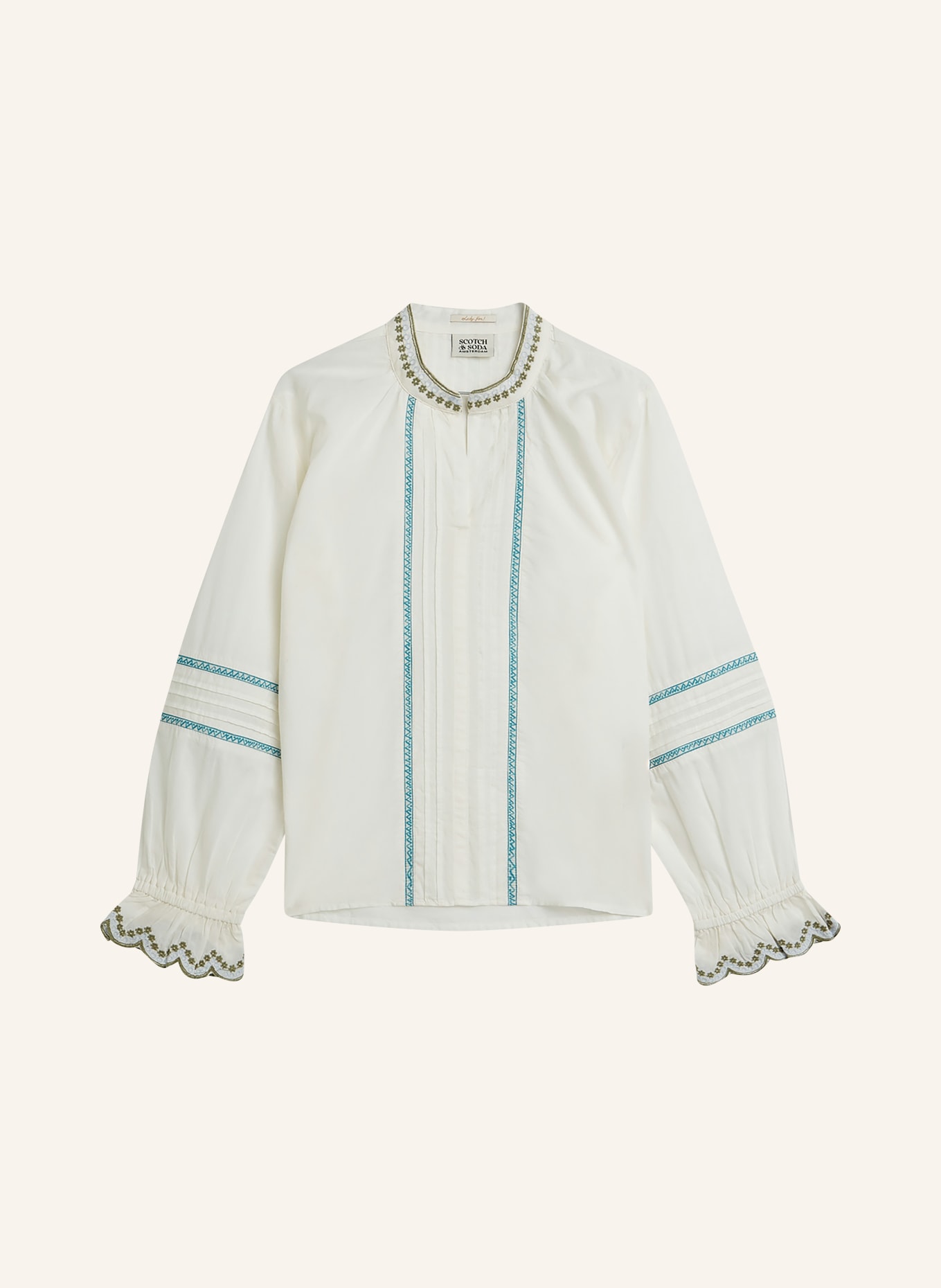 SCOTCH & SODA Blusenshirt mit Rüschen: WEISS / TÜRKIS