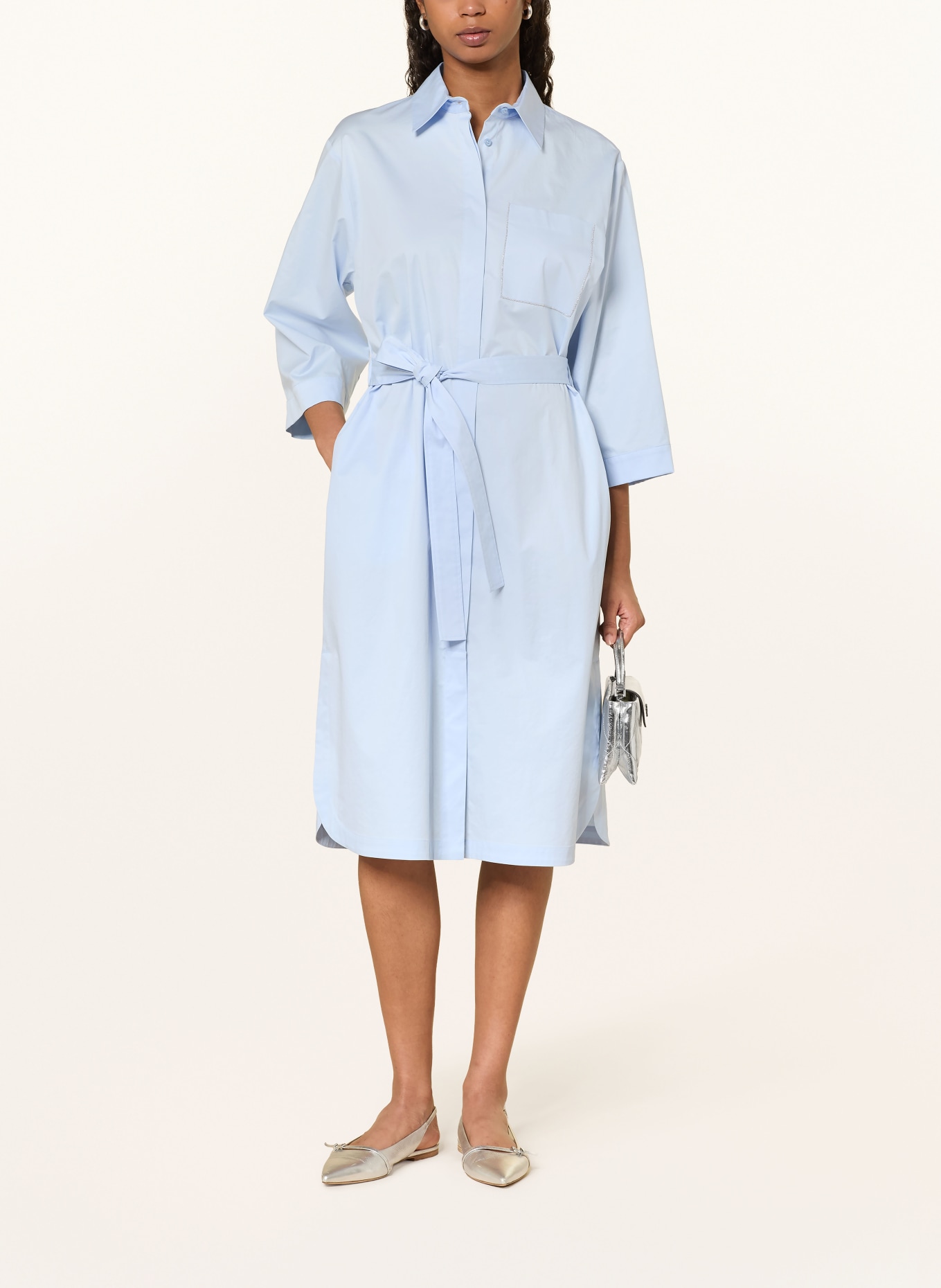 PESERICO Hemdblusenkleid mit Schmucksteinen und 3/4-Arm: HELLBLAU