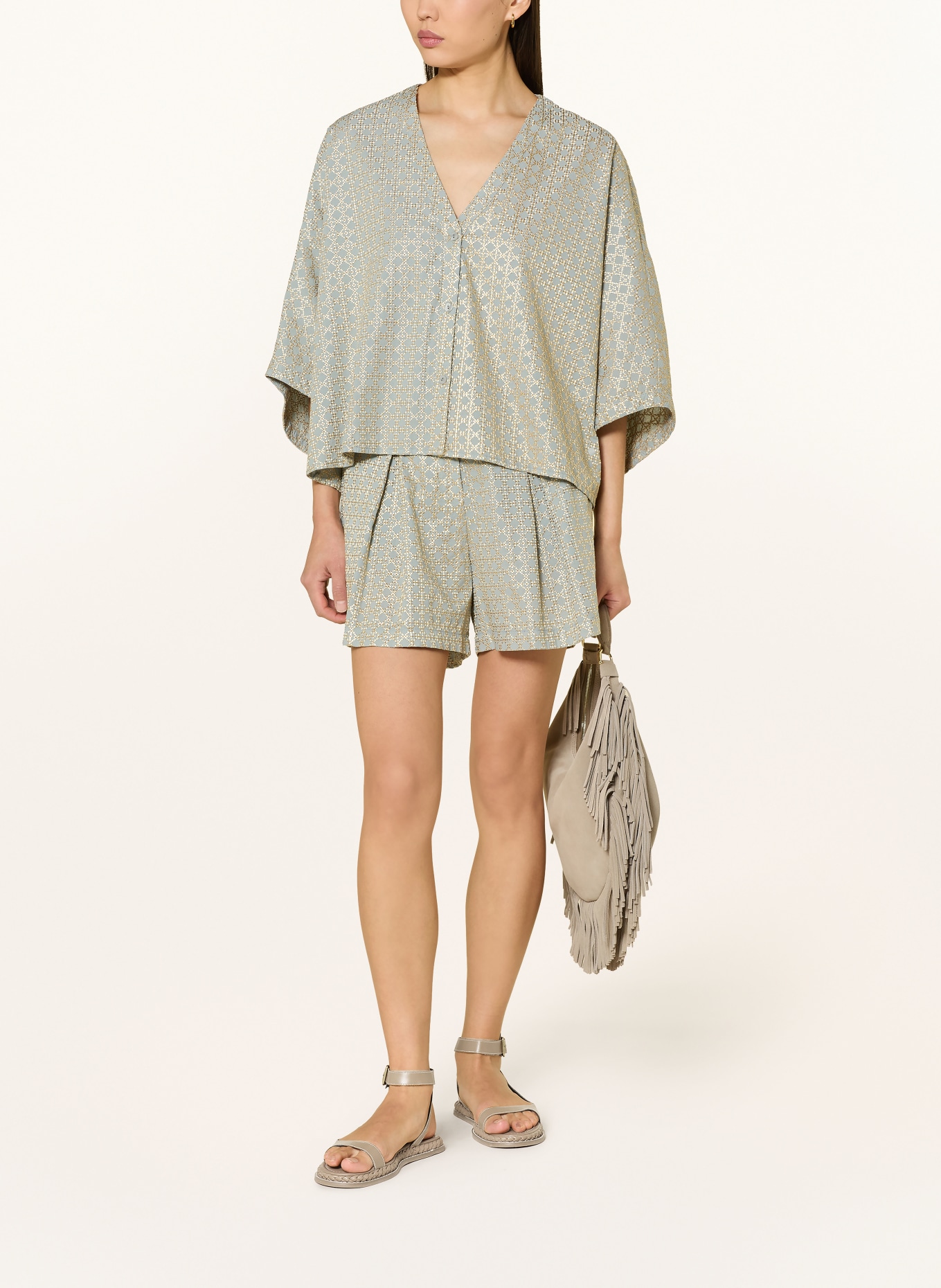 Greek Archaic Kori Bluse mit 3/4-Arm: HELLGRAU / GOLD