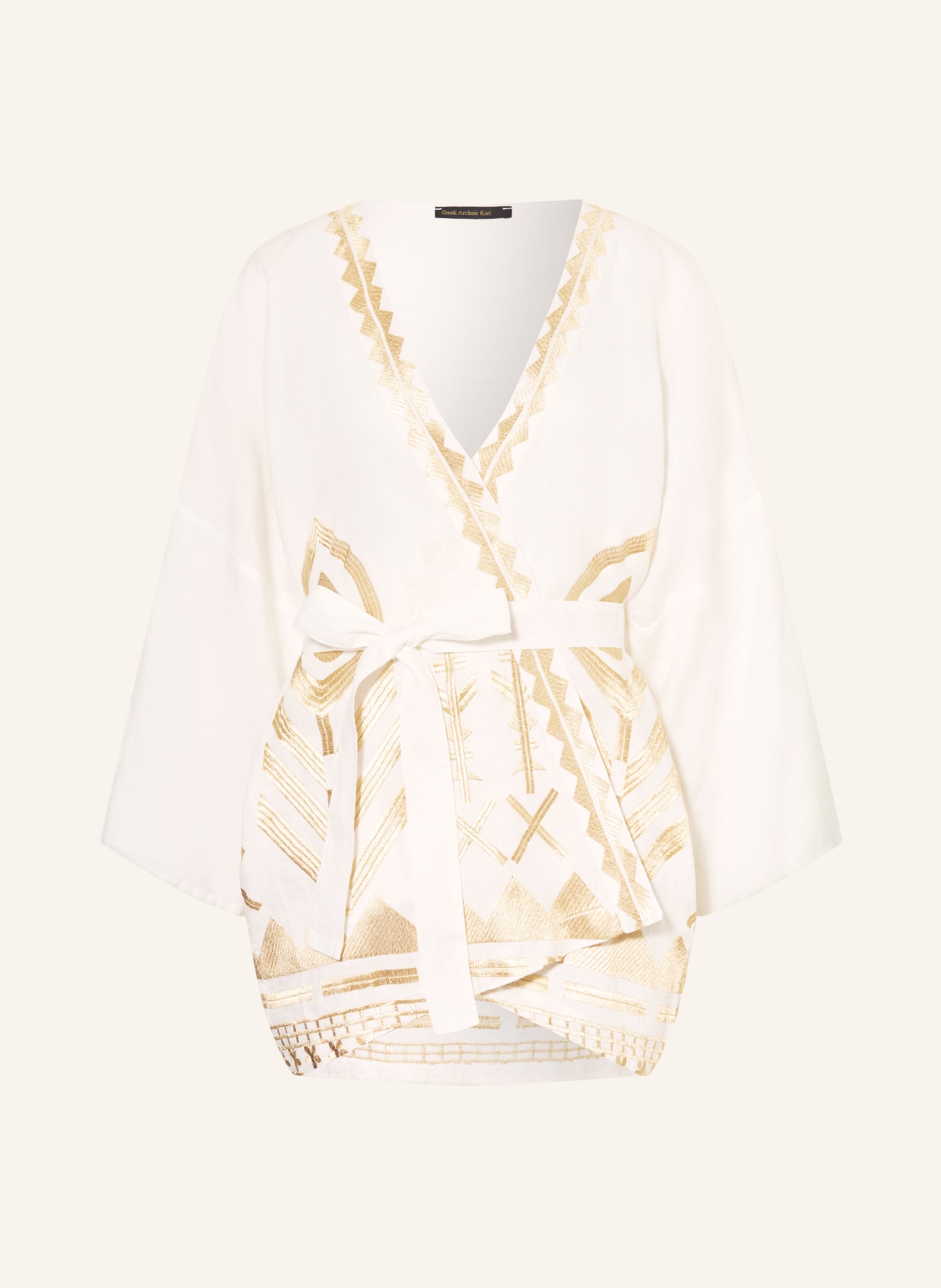 Greek Archaic Kori Damen-Kimono aus Leinen: WEISS / GOLD