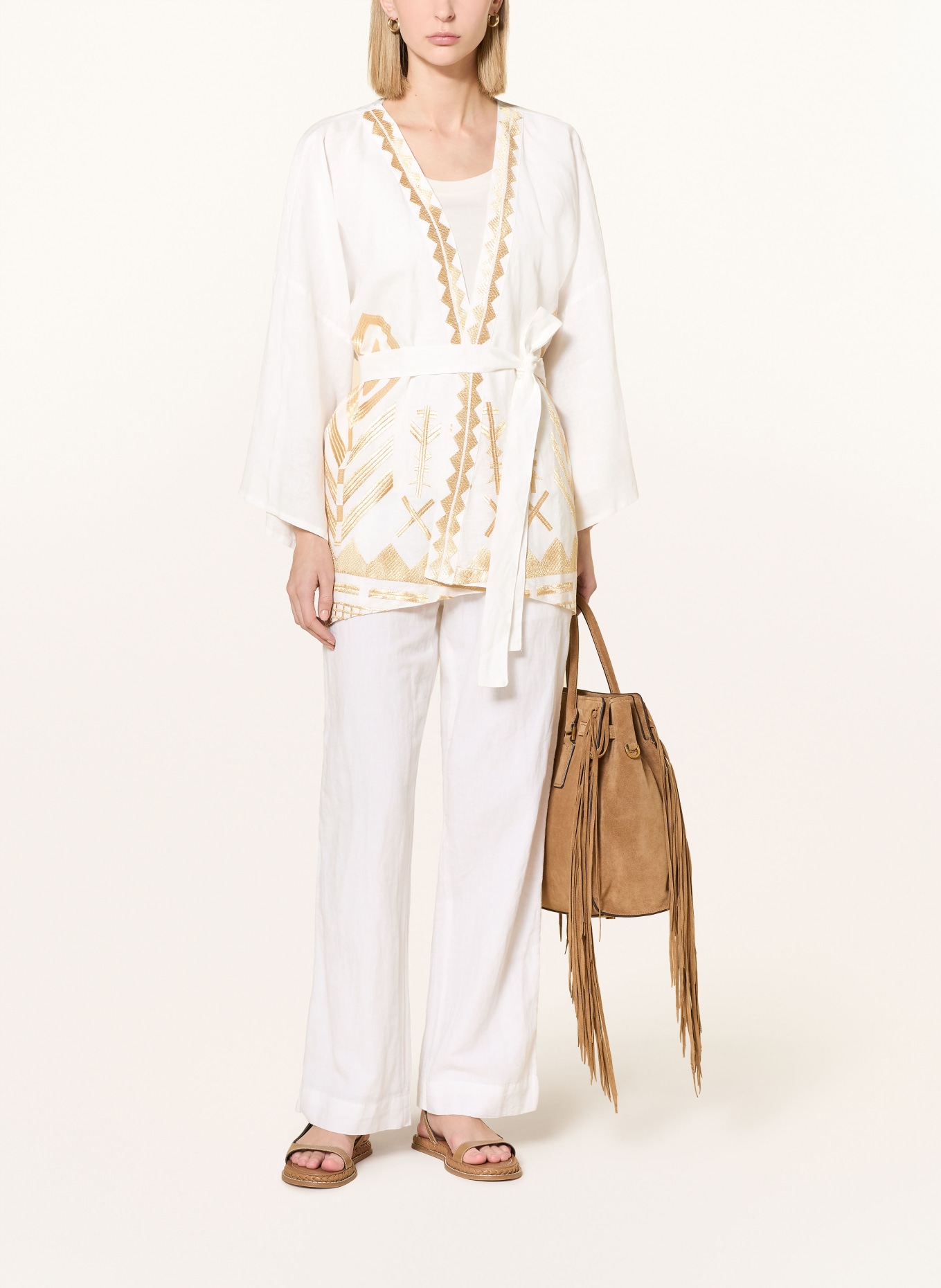 Greek Archaic Kori Damen-Kimono aus Leinen: WEISS / GOLD