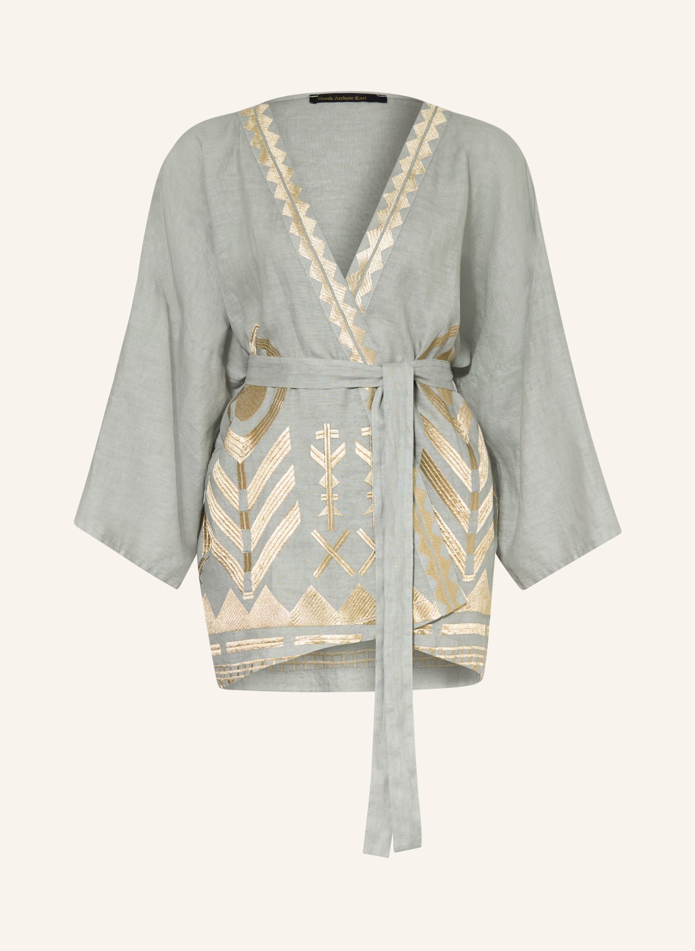 Greek Archaic Kori Damski kimono z lnu: JASNOCZARY / ZŁOTY