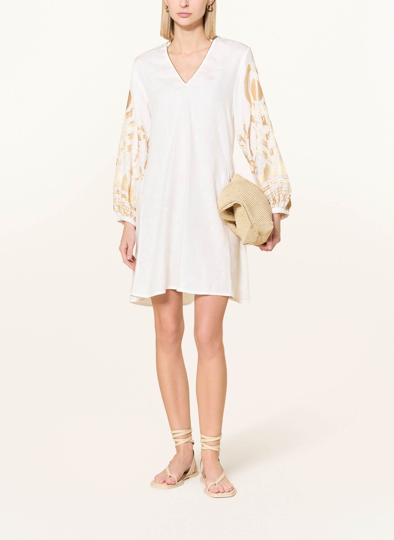 Greek Archaic Kori Sukienka plażowa FEATHER z lnu: BIAŁY / ZŁOTY