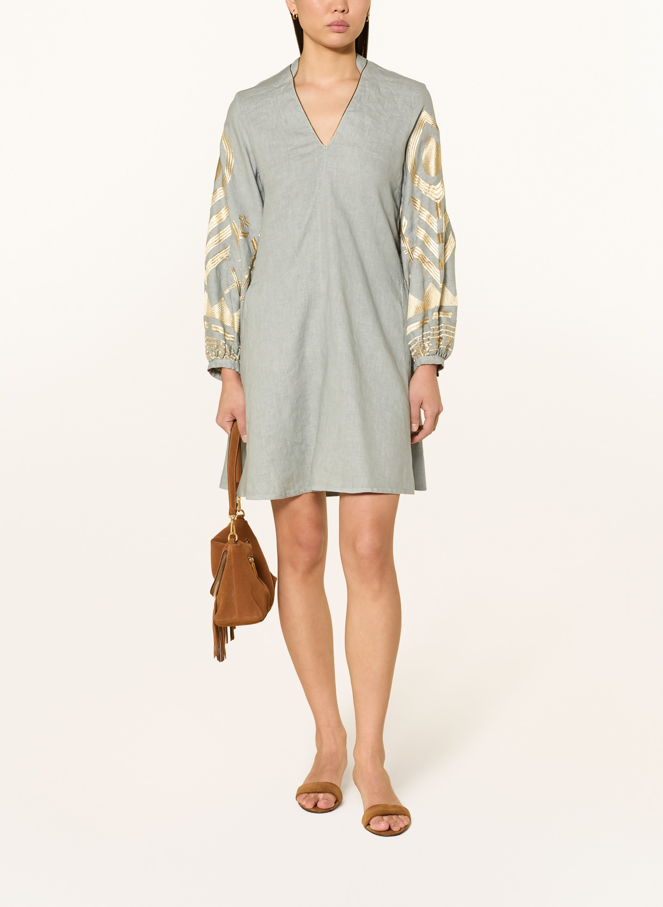 Greek Archaic Kori Sukienka plażowa FEATHER z lnu: SZARY / ZŁOTY