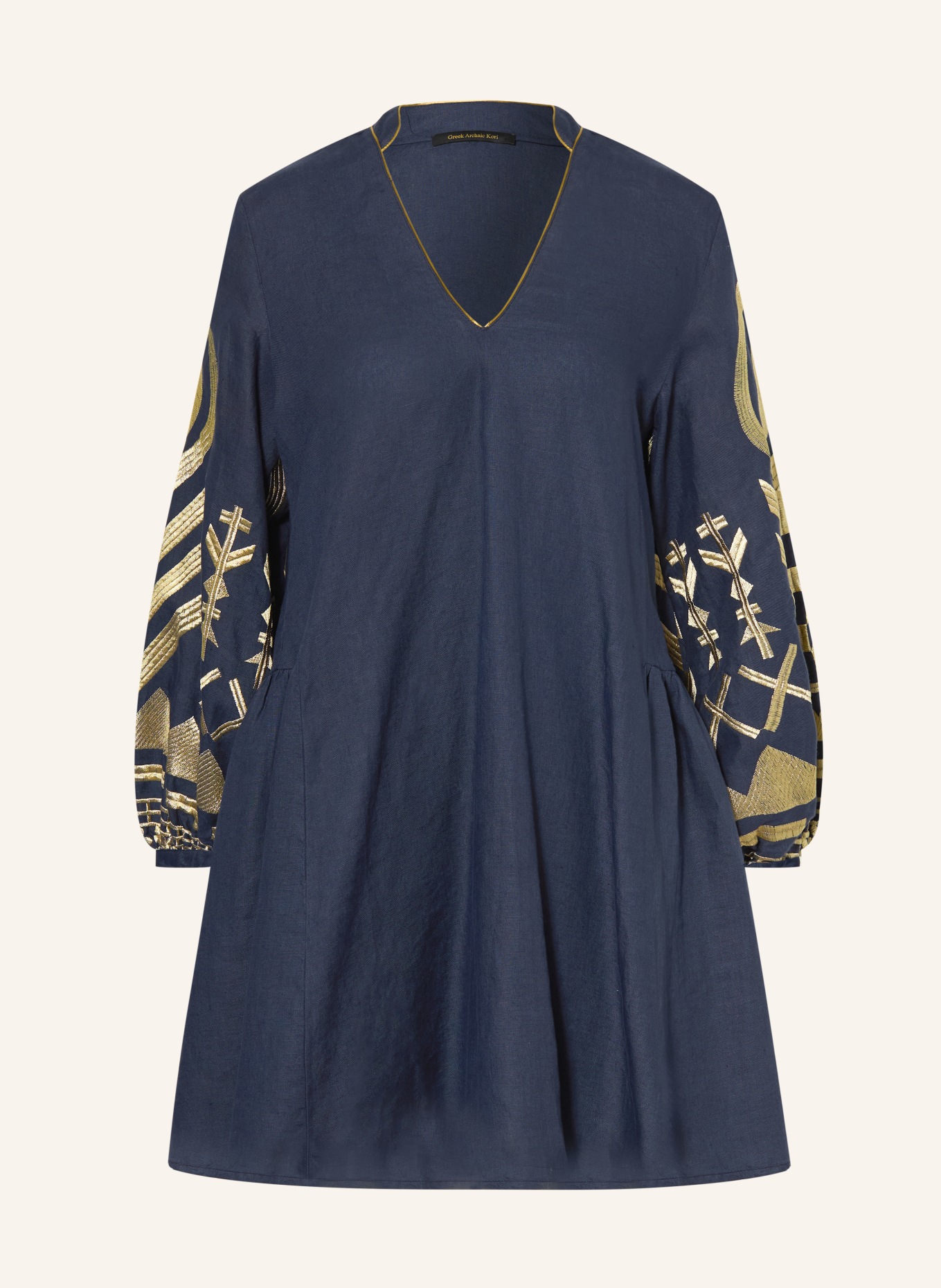 Greek Archaic Kori Strandkleid FEATHER aus Leinen: DUNKELBLAU / GOLD