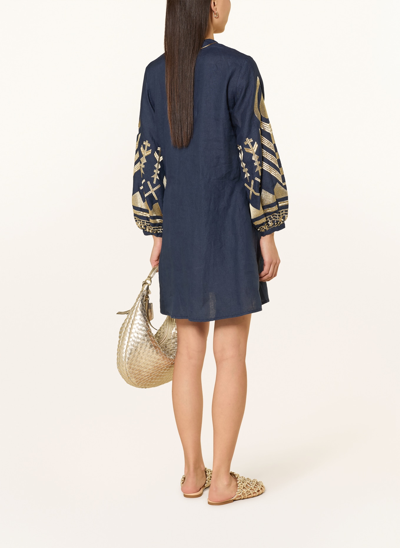 Greek Archaic Kori Strandkleid FEATHER aus Leinen: DUNKELBLAU / GOLD
