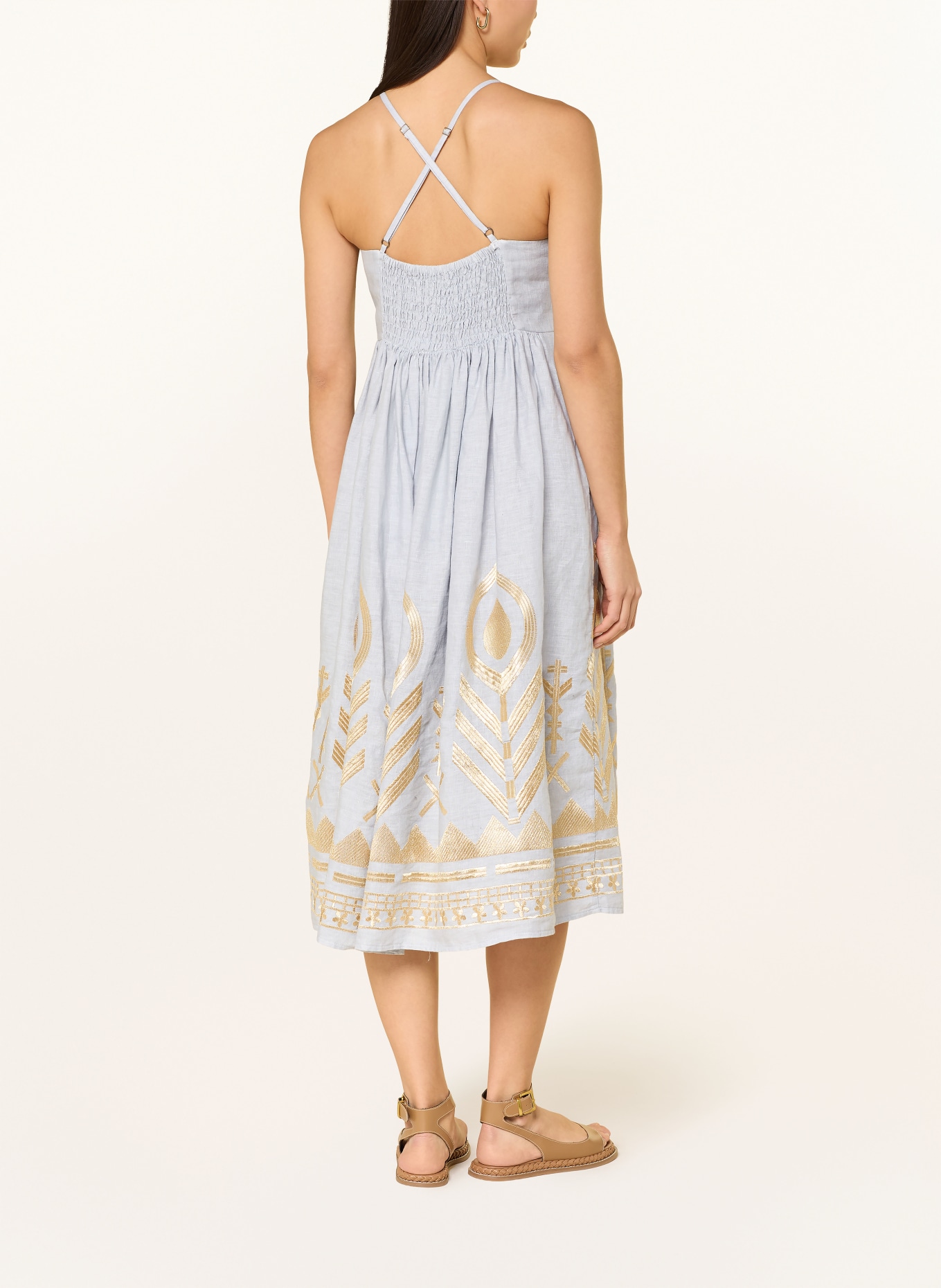 Greek Archaic Kori FEATHER linen beach dress with glitter thread: LIGHT GRAY / GOLD