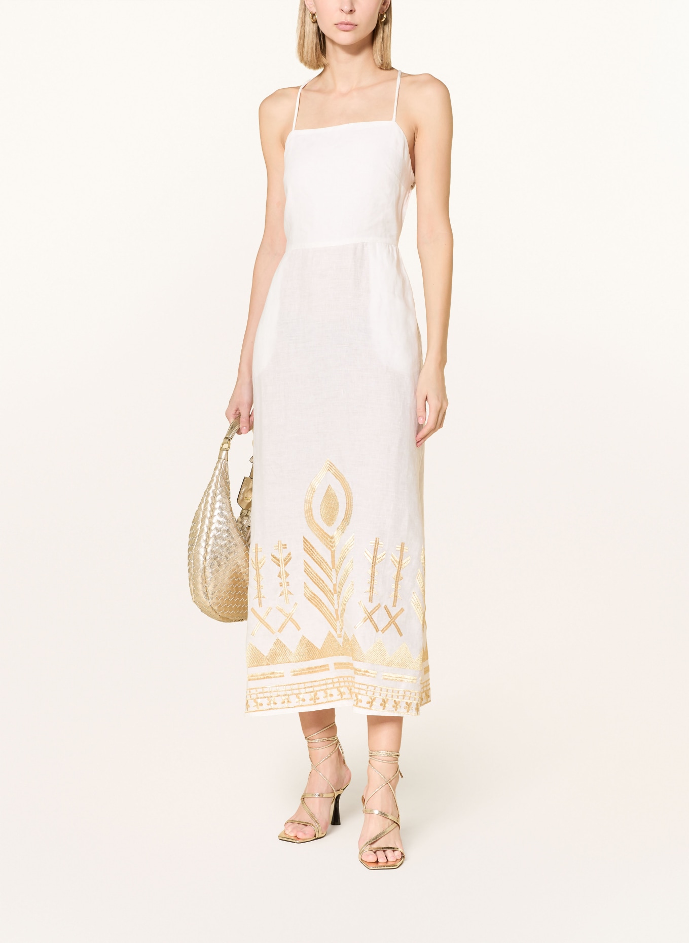 Greek Archaic Kori Strandkleid FEATHER aus Leinen mit Glitzergarn: ECRU / GOLD