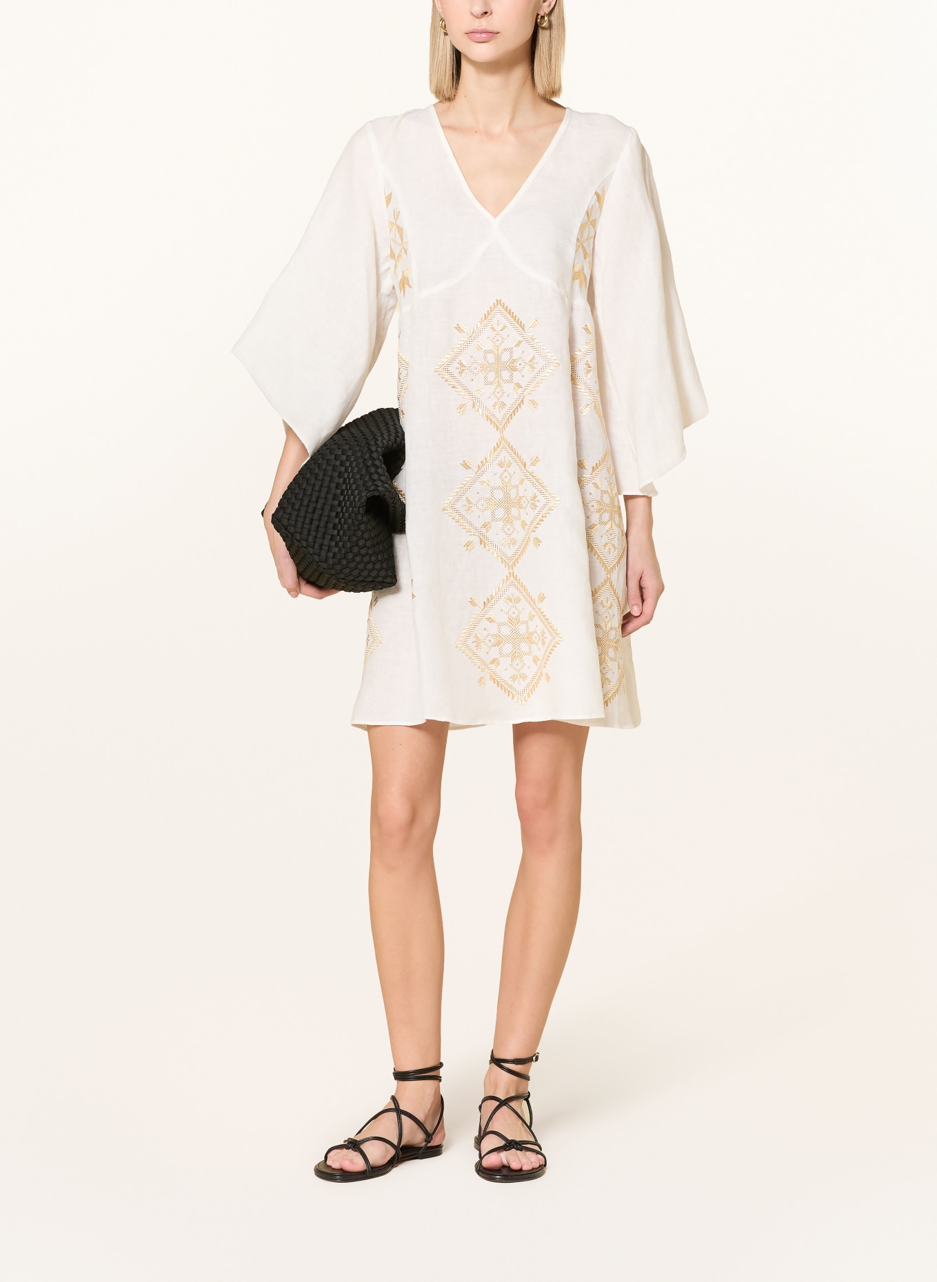 Greek Archaic Kori Strandkleid LEFKADA mit Glitzergarn und 3/4-Arm: WEISS / GOLD