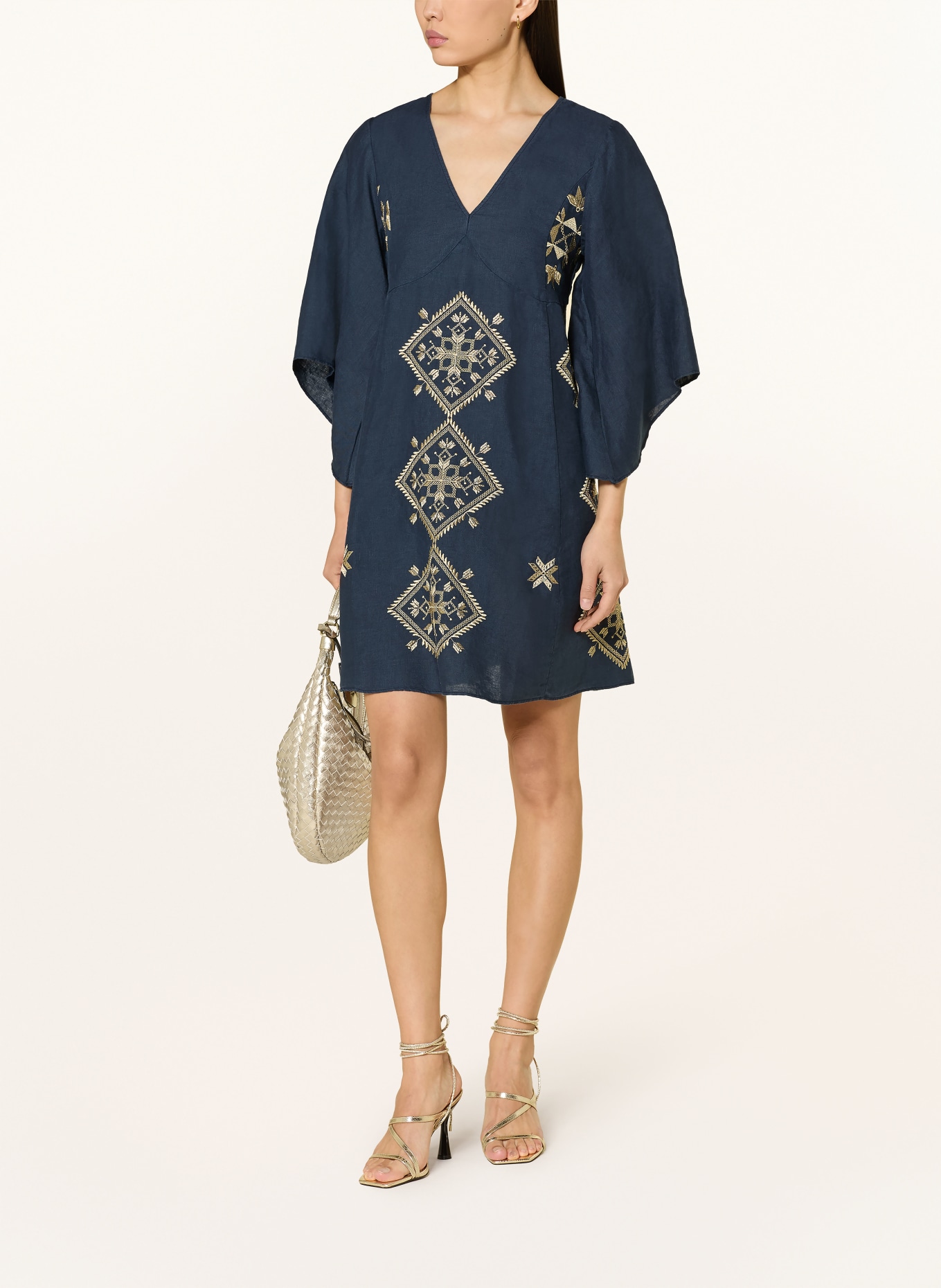 Greek Archaic Kori Strandkleid LEFKADA mit Glitzergarn und 3/4-Arm: DUNKELBLAU / GOLD