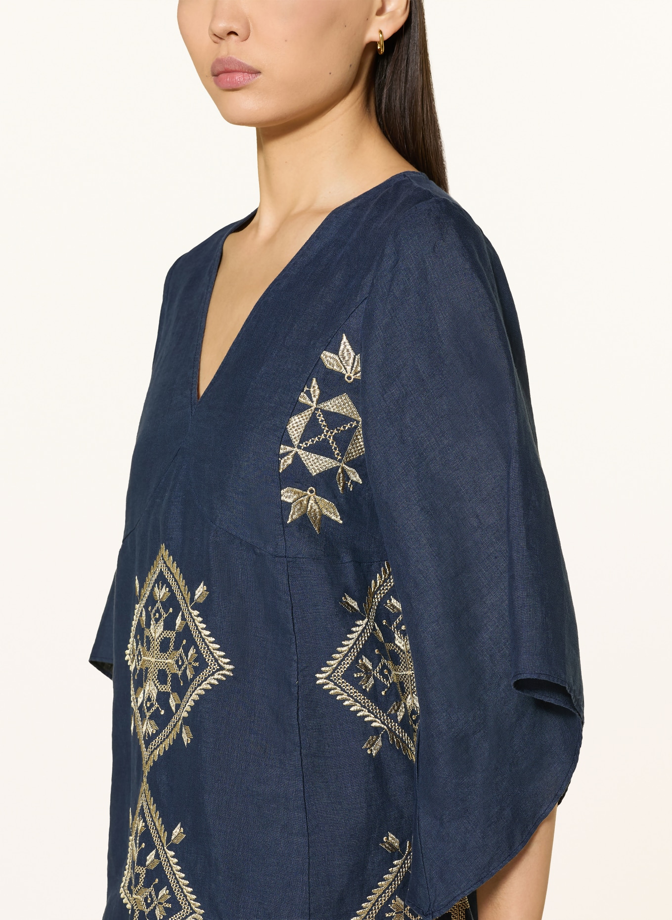 Greek Archaic Kori Strandkleid LEFKADA mit Glitzergarn und 3/4-Arm: DUNKELBLAU / GOLD