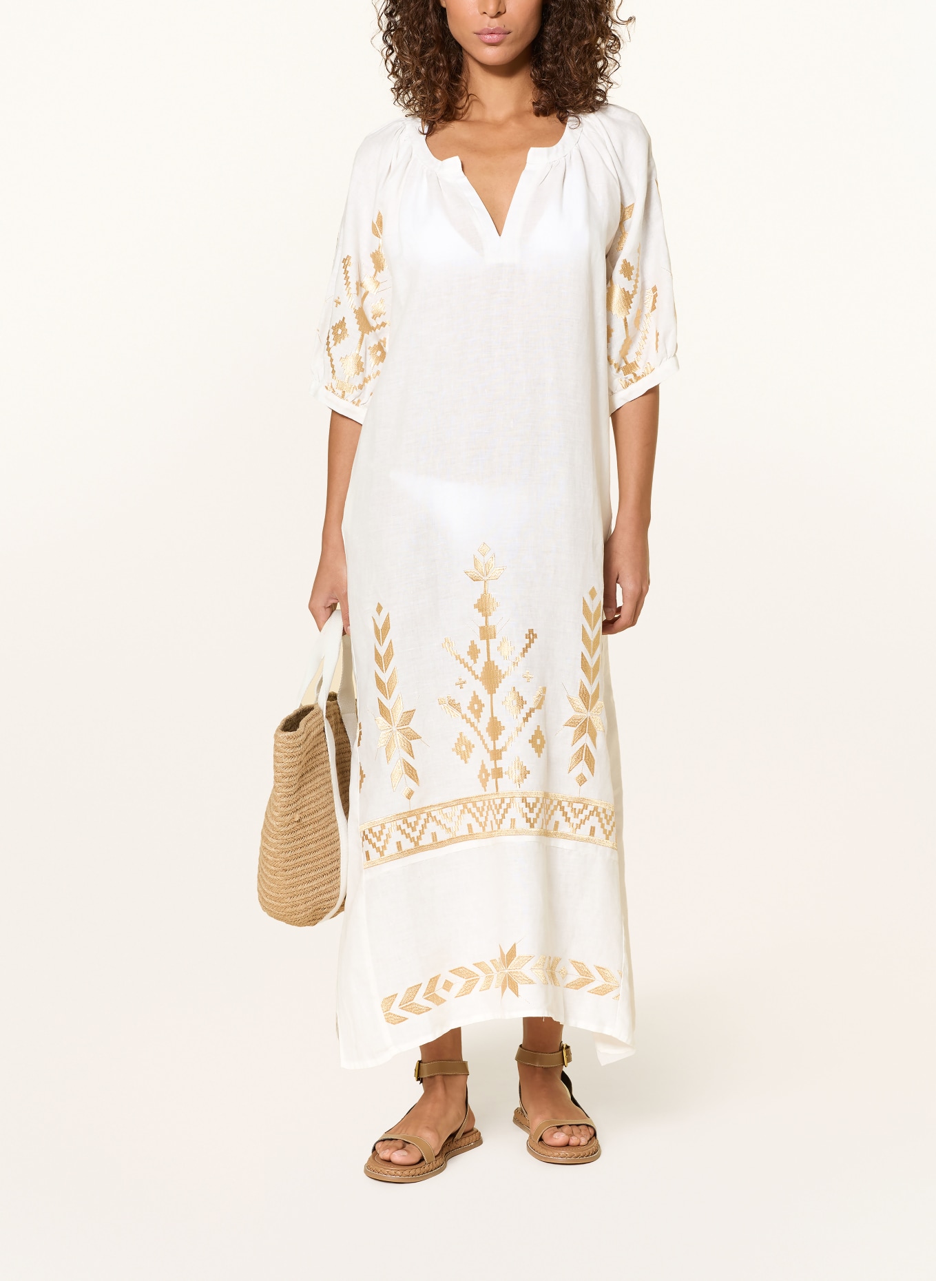 Greek Archaic Kori IOS linen beach dress with 3/4 sleeves: WHITE / GOLD