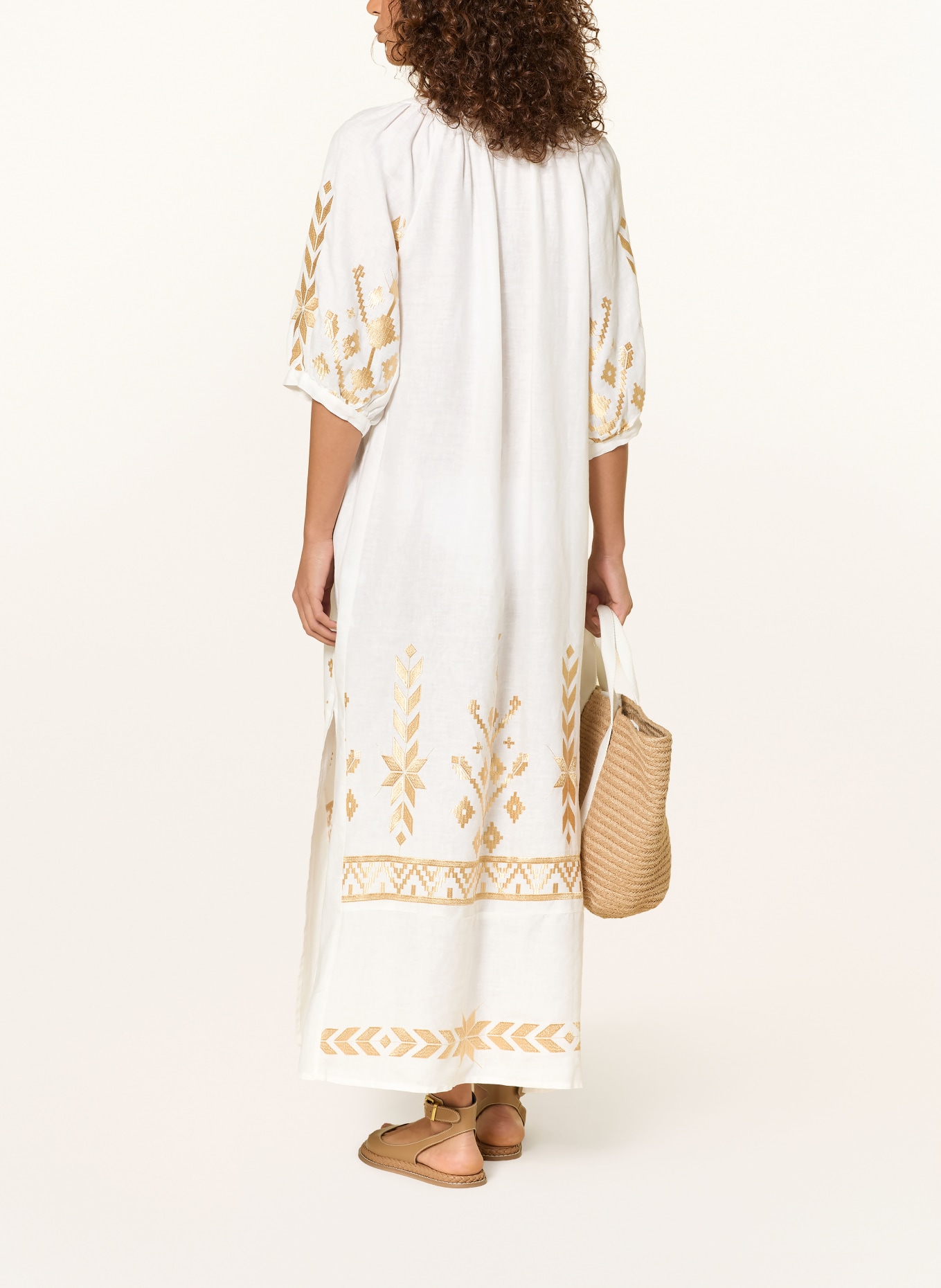 Greek Archaic Kori IOS linen beach dress with 3/4 sleeves: WHITE / GOLD