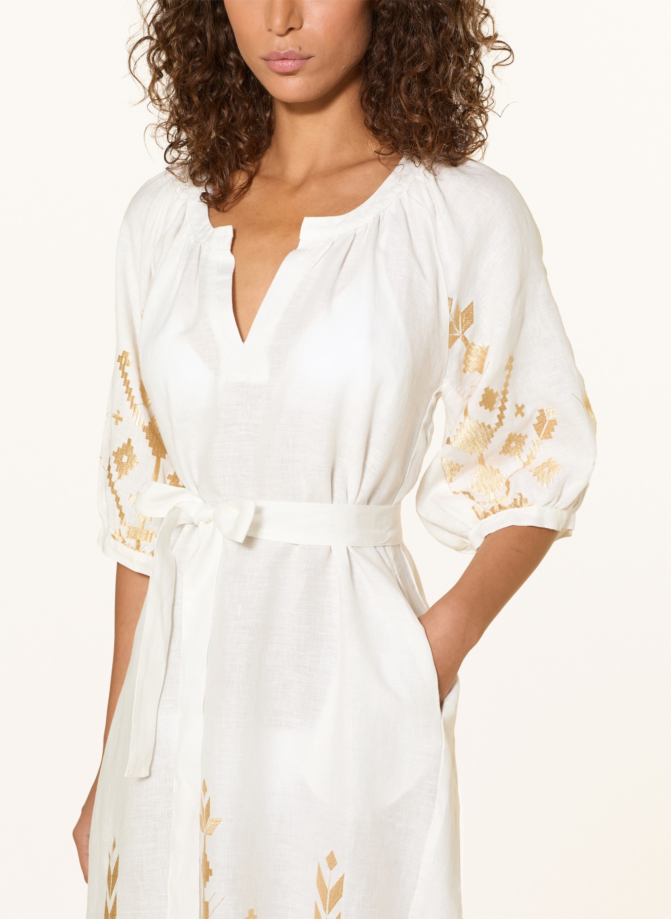 Greek Archaic Kori IOS linen beach dress with 3/4 sleeves: WHITE / GOLD