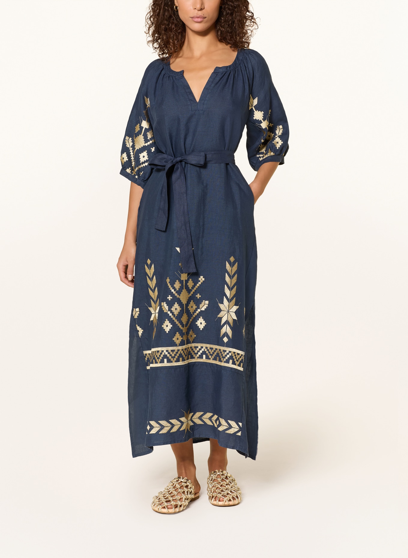 Greek Archaic Kori IOS linen beach dress with 3/4 sleeves: DARK BLUE / GOLD