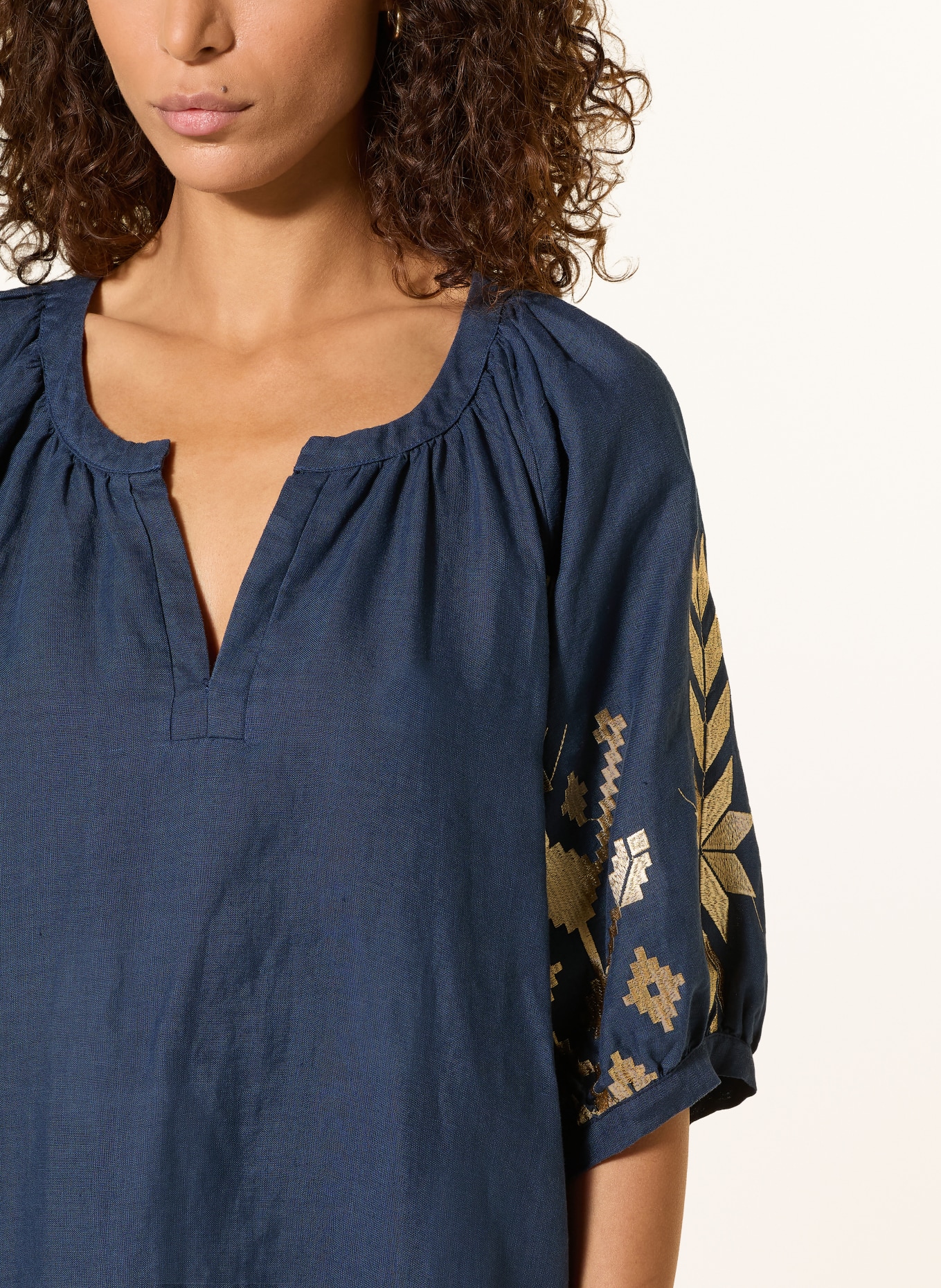 Greek Archaic Kori IOS linen beach dress with 3/4 sleeves: DARK BLUE / GOLD