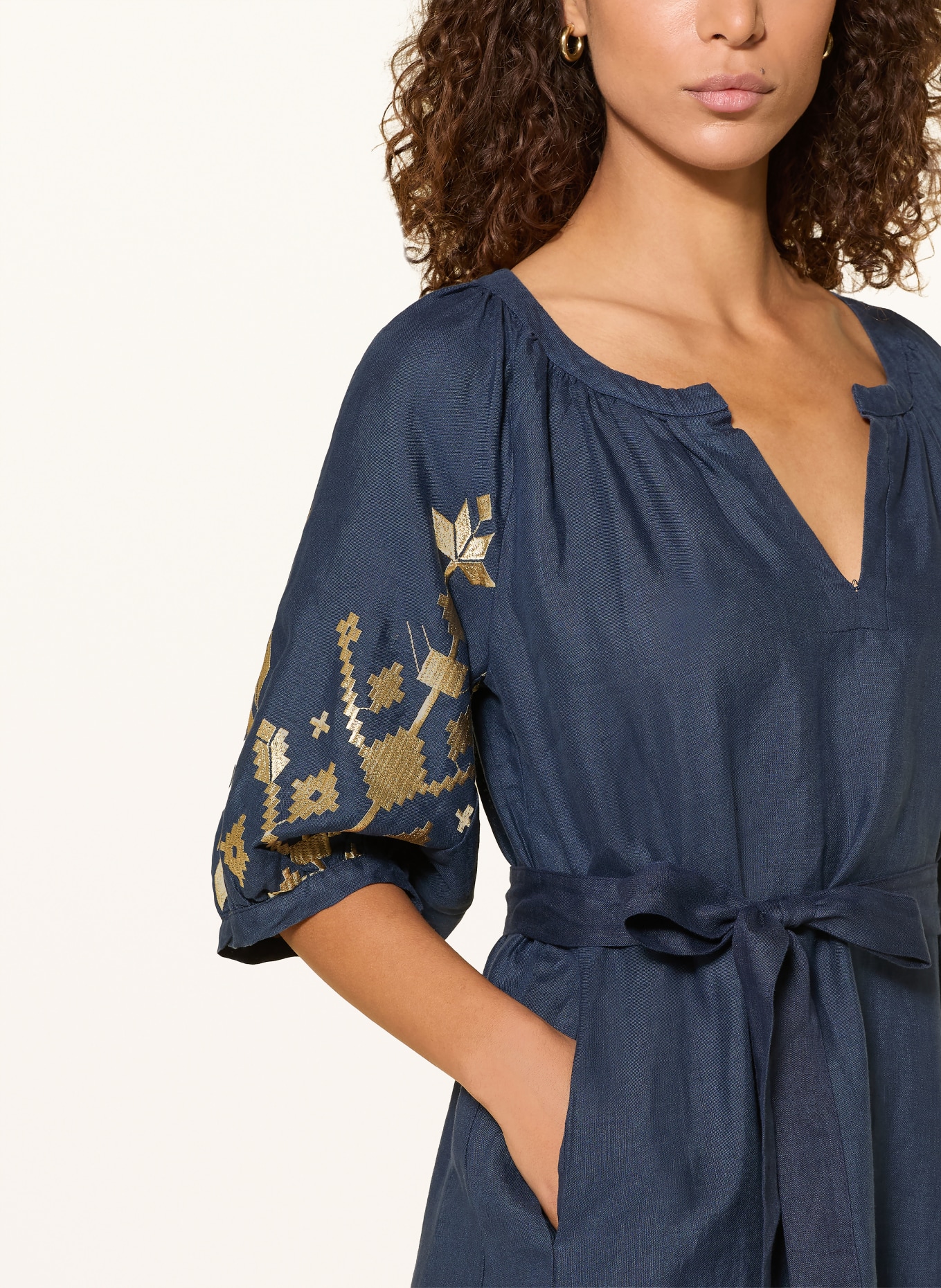 Greek Archaic Kori IOS linen beach dress with 3/4 sleeves: DARK BLUE / GOLD